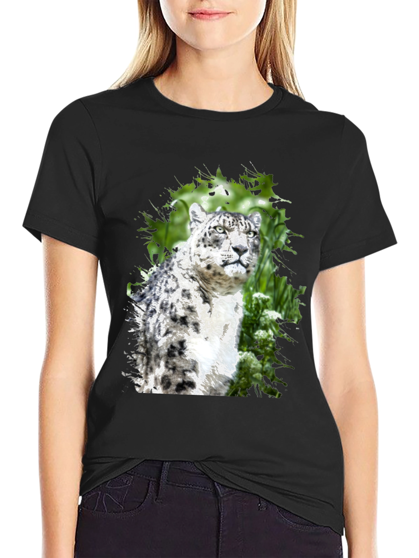Snow Leopard Graphic Tee - Black Cotton Blend