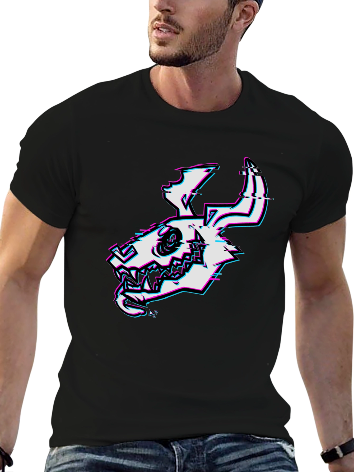 Glitch Skull Graphic Tee - Black Cotton T-Shirt