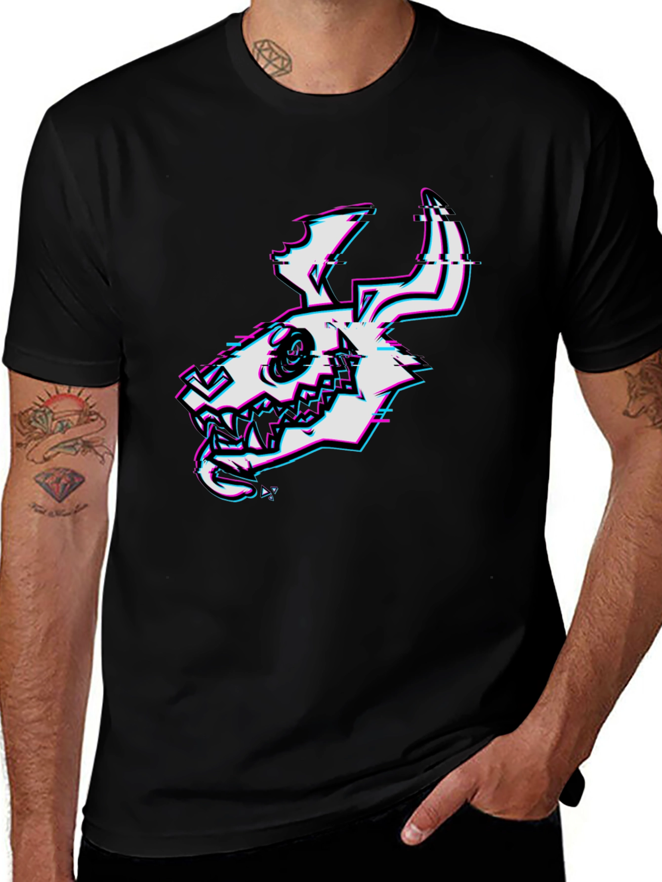 Glitch Skull Graphic Tee - Black Cotton T-Shirt
