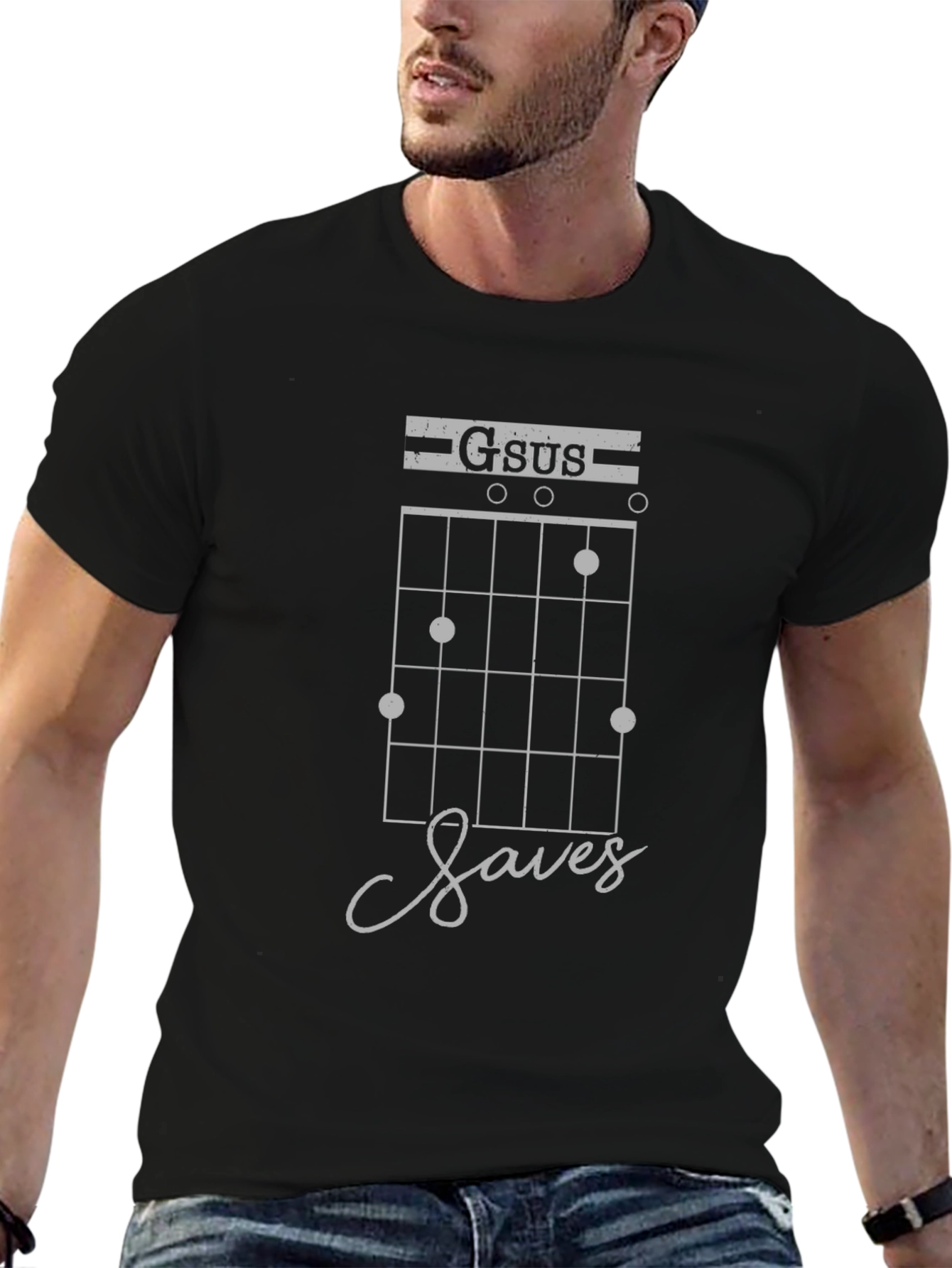 Gsus Saves Black T-Shirt Guitar Player