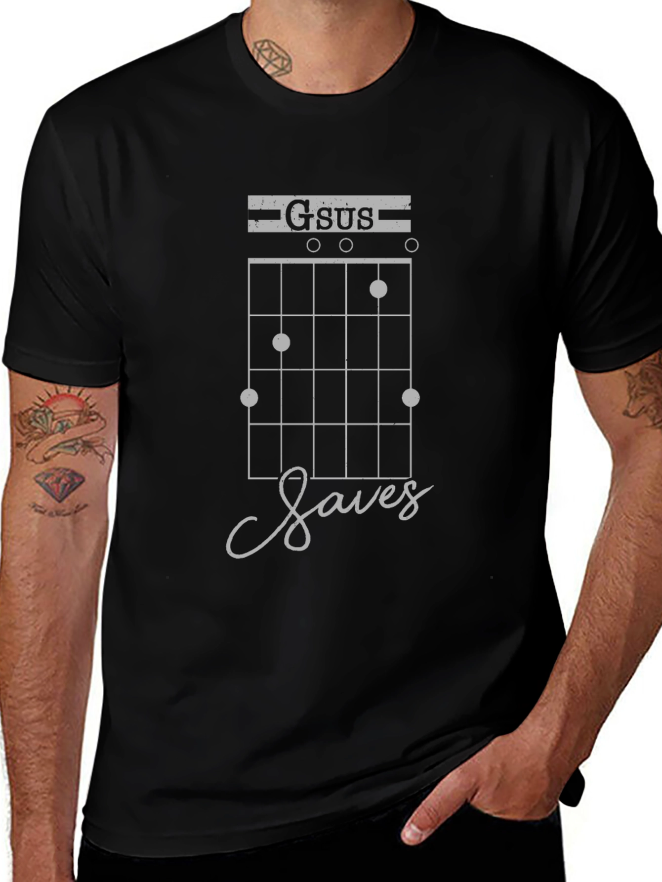 Gsus Saves Black T-Shirt Guitar Player
