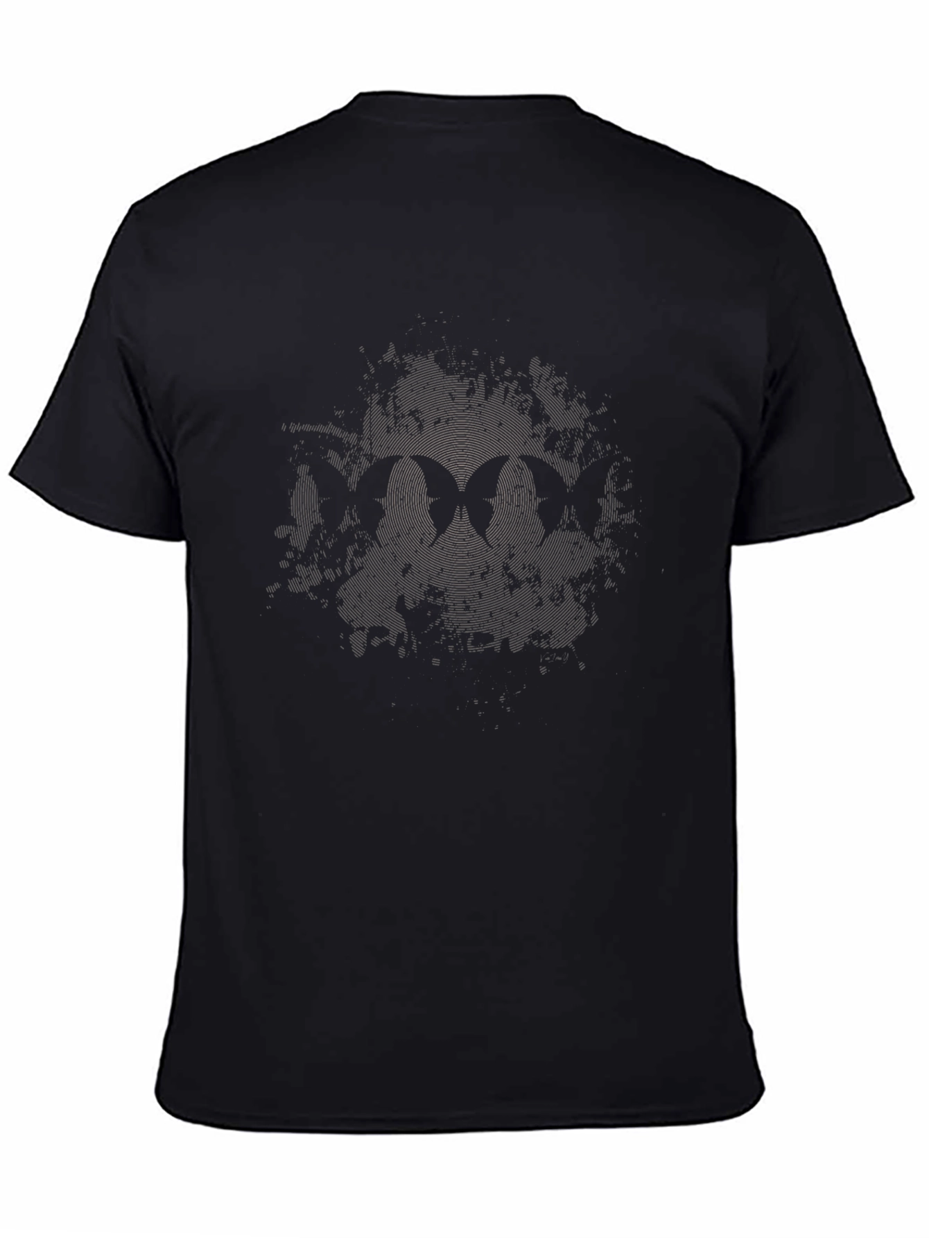 Mens Black Crew Neck Tee with Subtle Butterfly Graphic