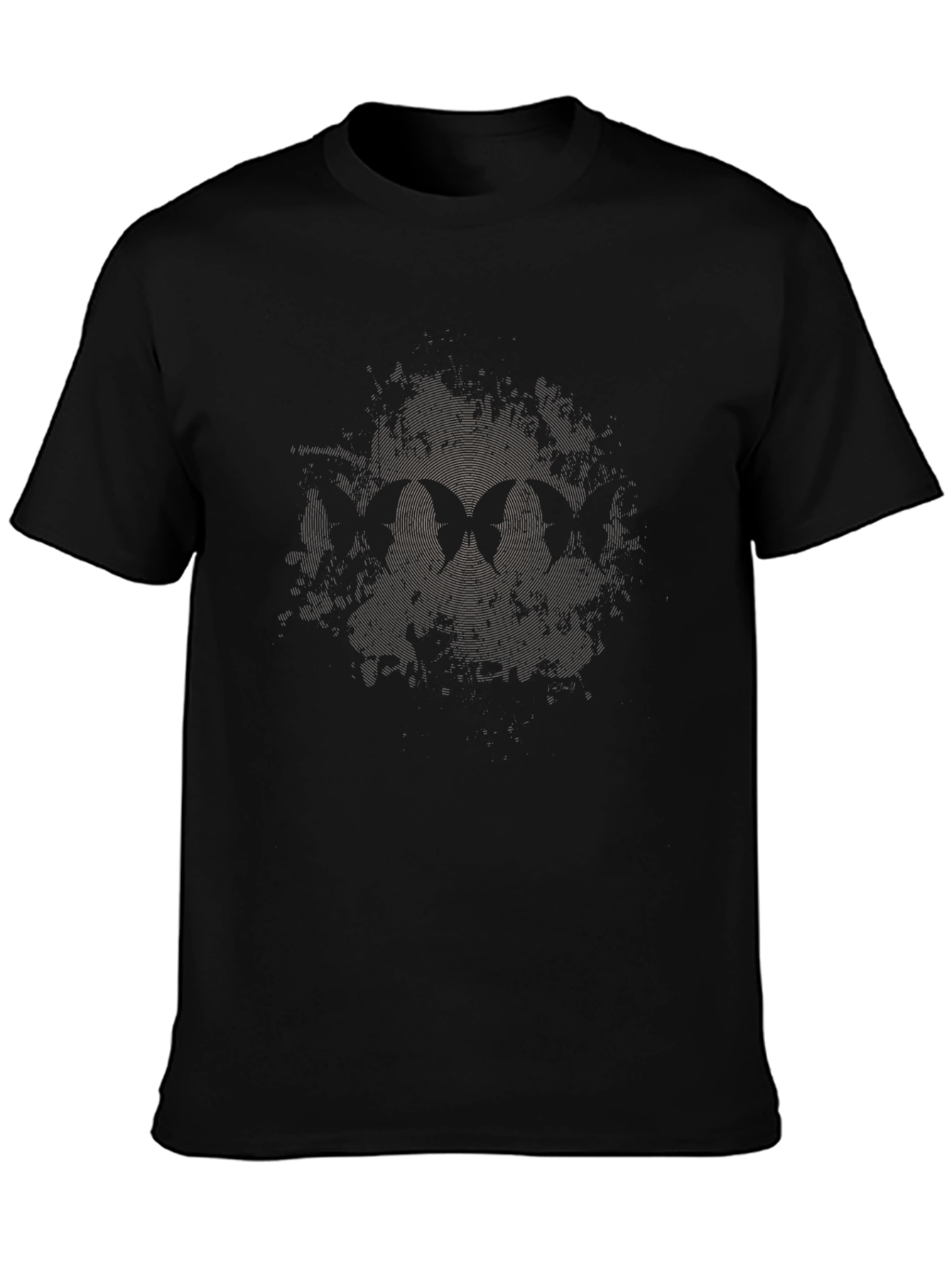 Mens Black Crew Neck Tee with Subtle Butterfly Graphic