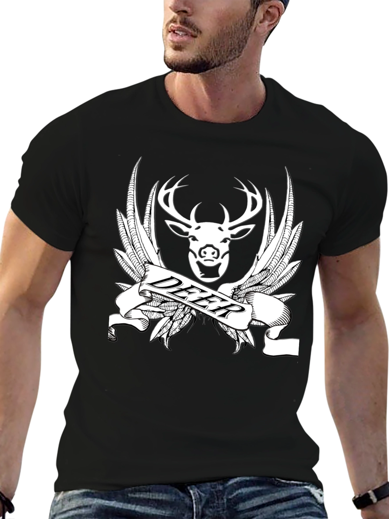 Deer Emblem T-Shirt - Black Cotton Graphic Tee