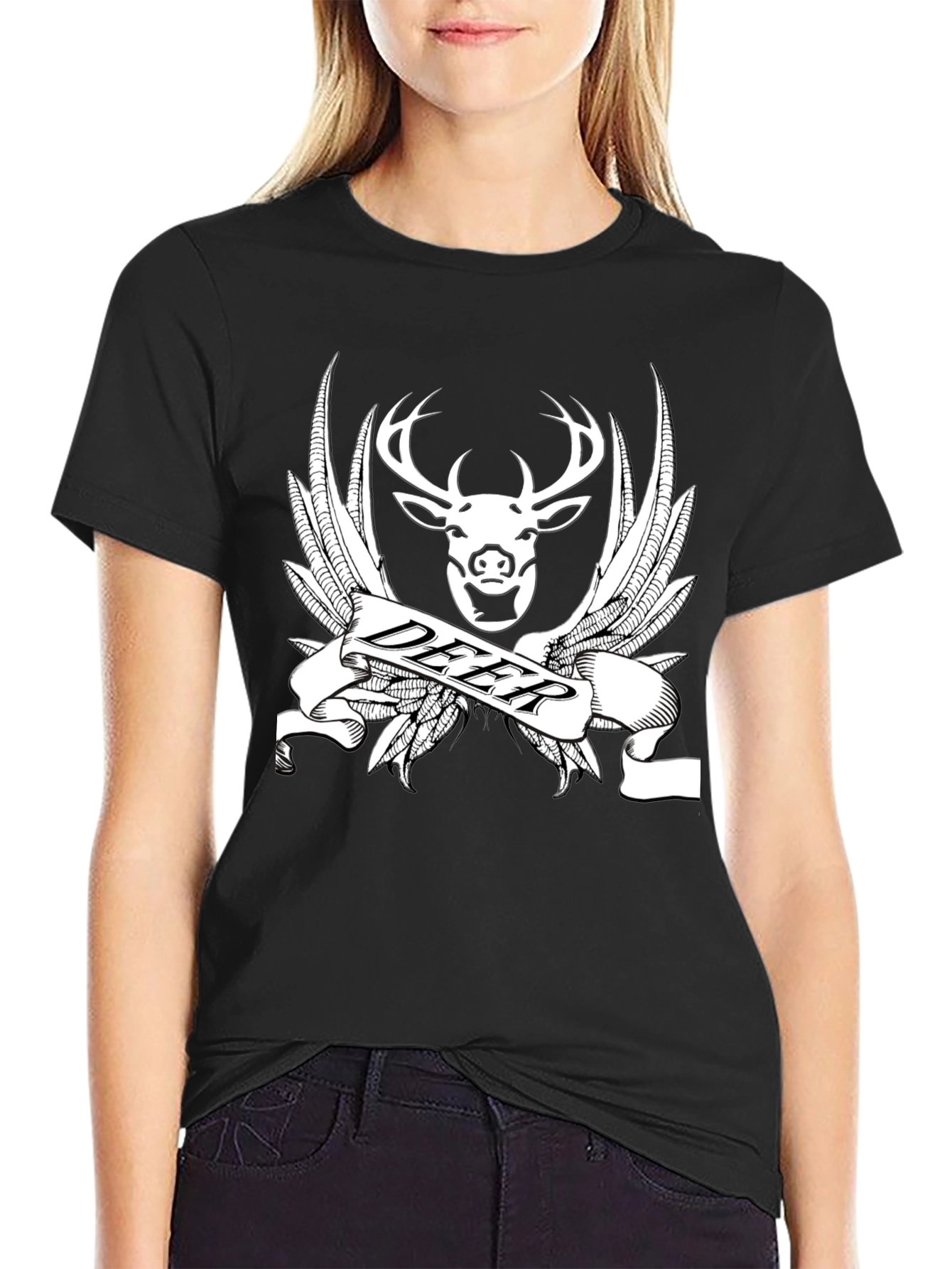 Deer Emblem T-Shirt - Black Cotton Graphic Tee