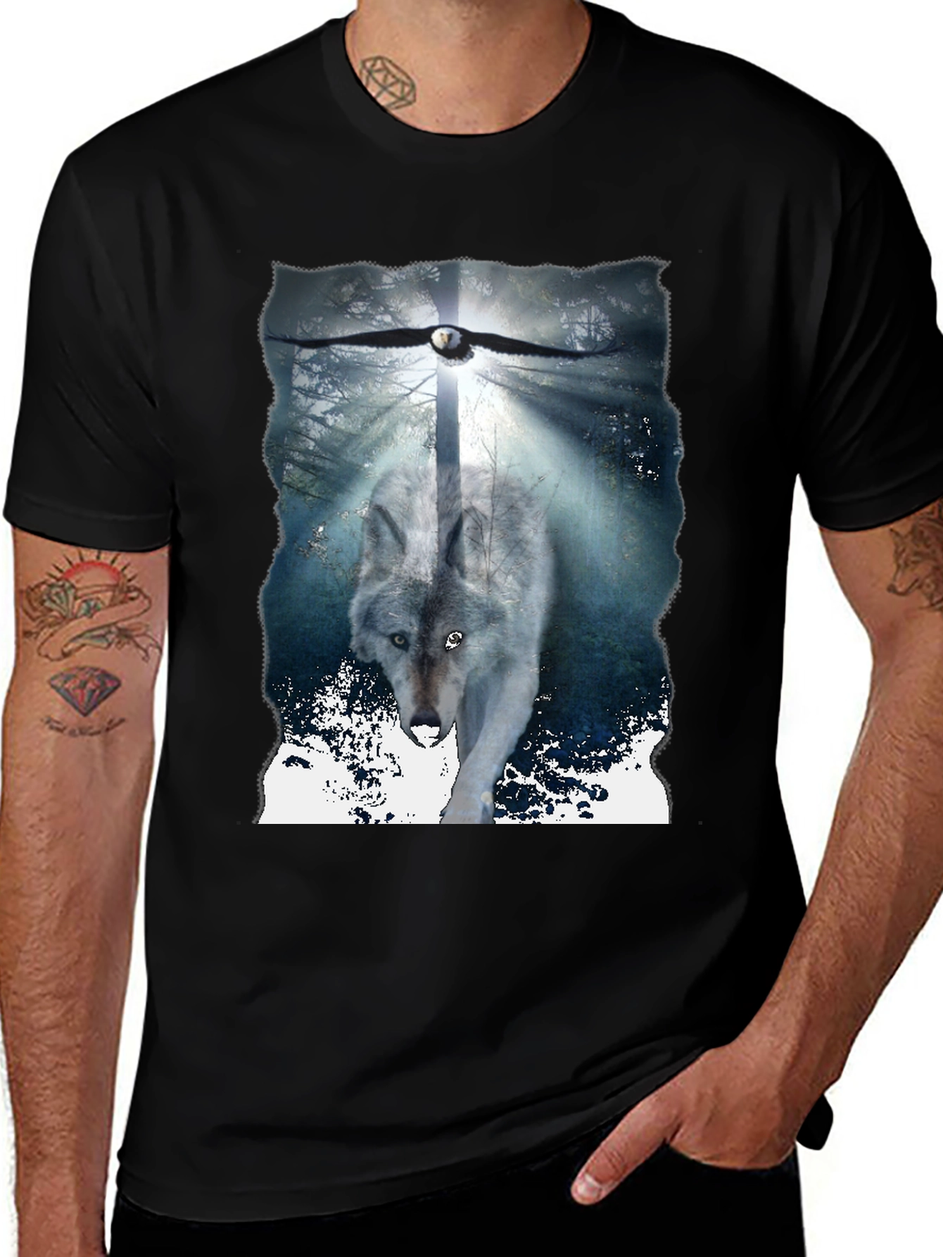 Wolf & Eagle Graphic Tee - Black Cotton Blend