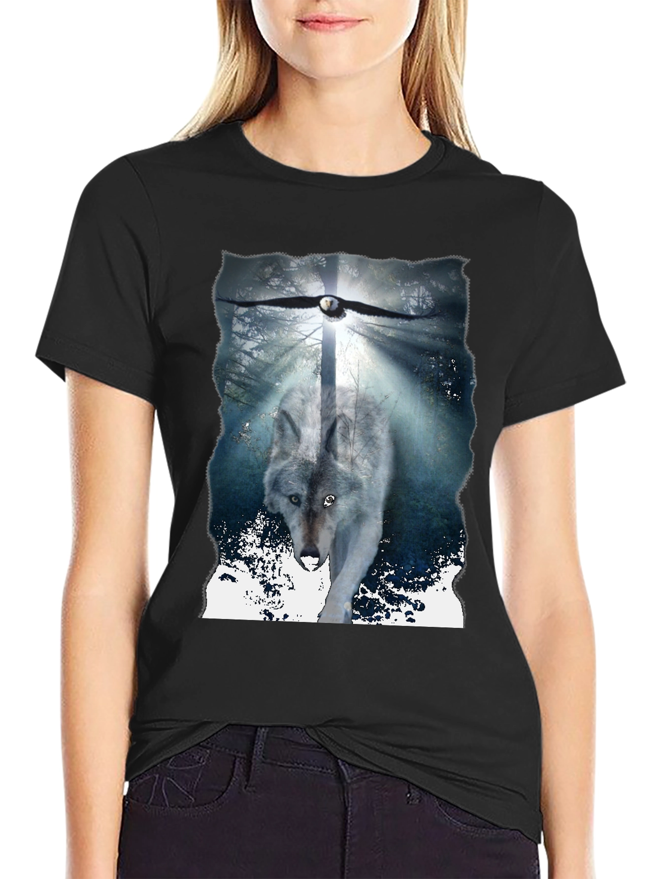 Wolf & Eagle Graphic Tee - Black Cotton Blend