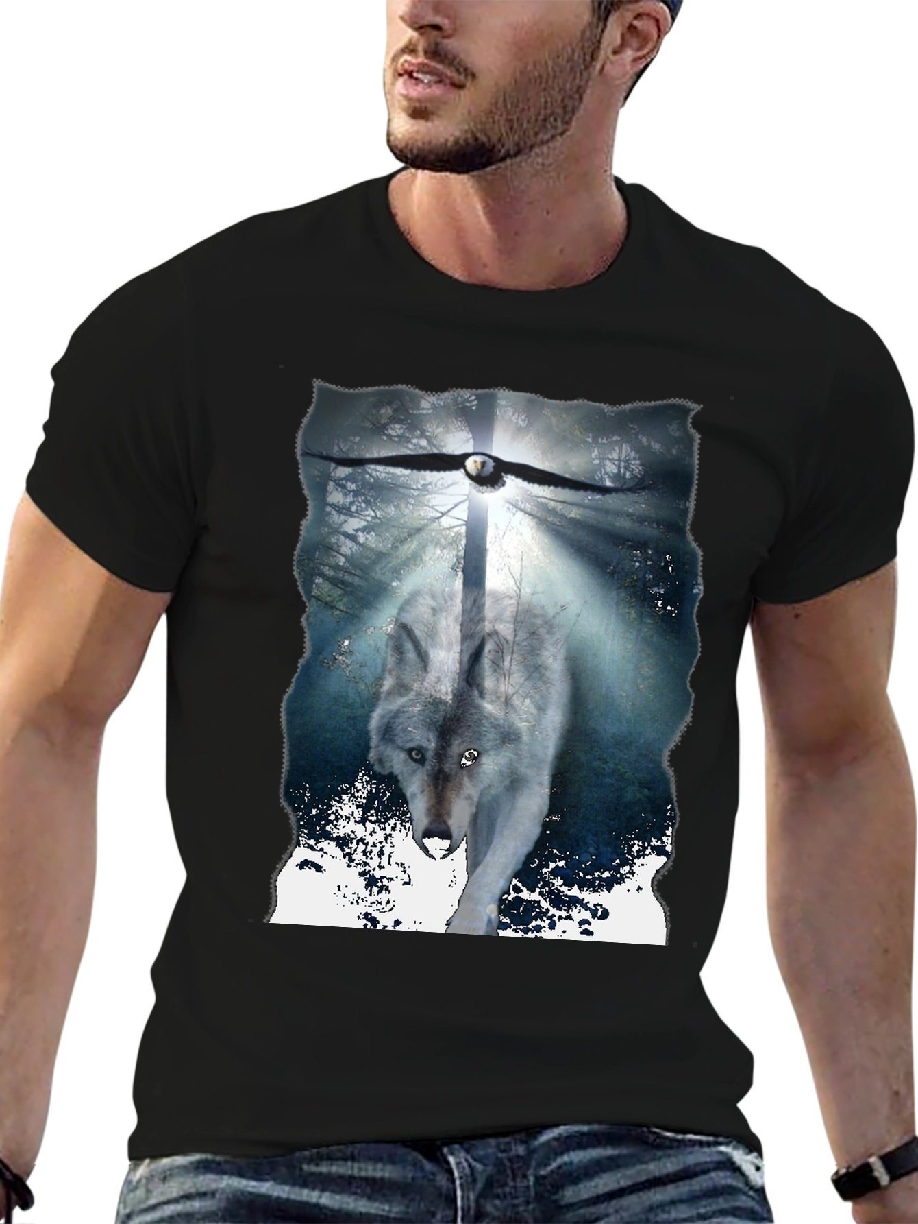 Wolf & Eagle Graphic Tee - Black Cotton Blend