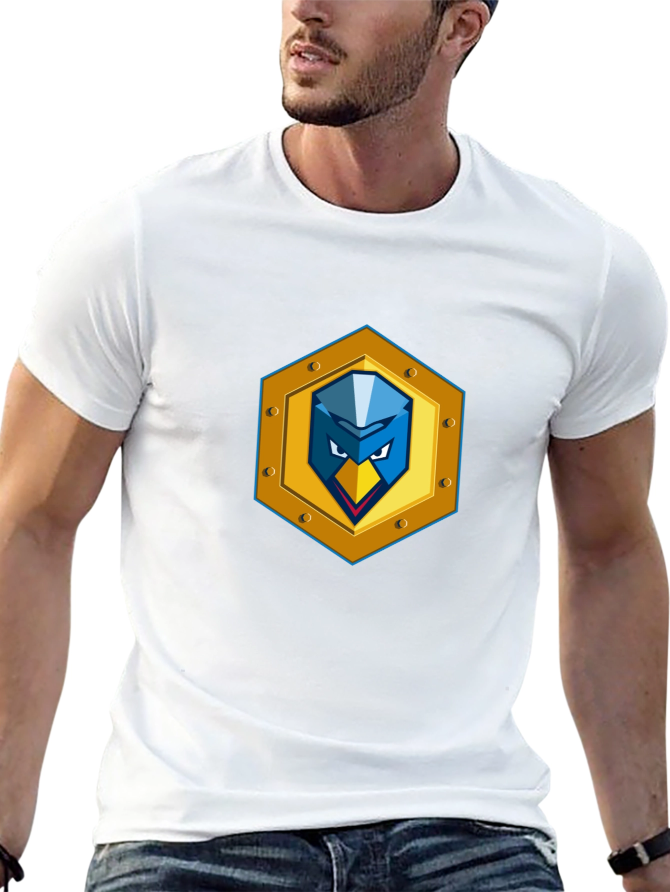 Black T-Shirt with Unique Bird Shield Emblem