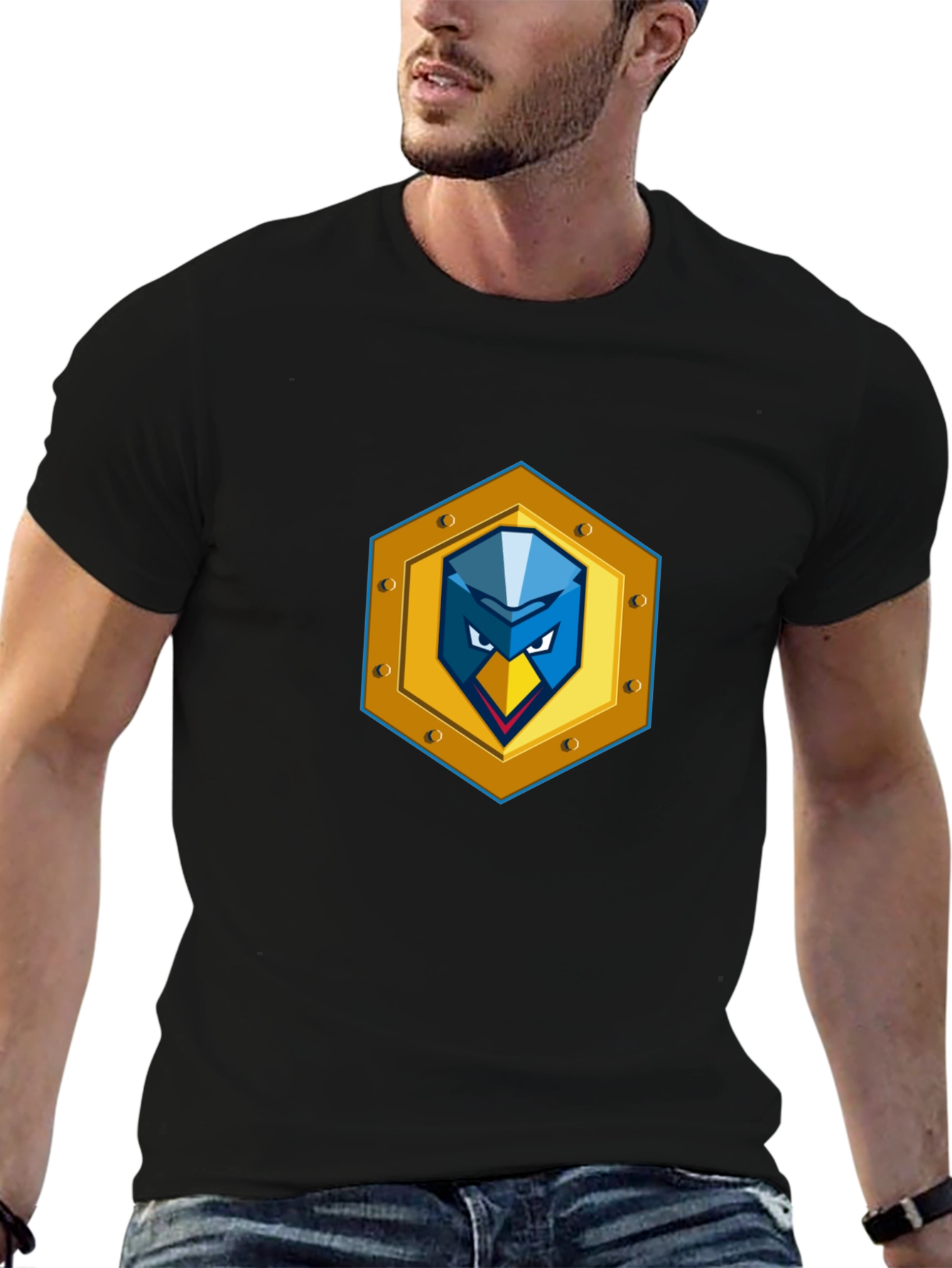 Black T-Shirt with Unique Bird Shield Emblem