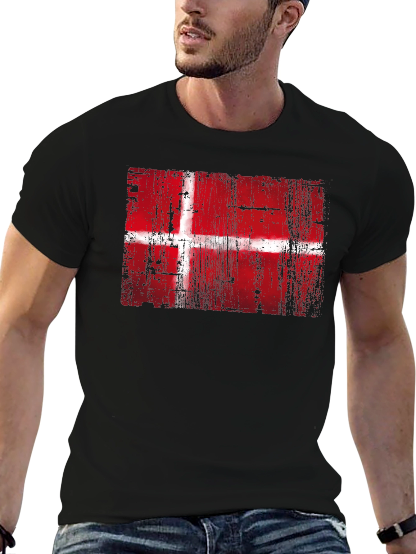 Danish Flag Graphic Print Black T-Shirt