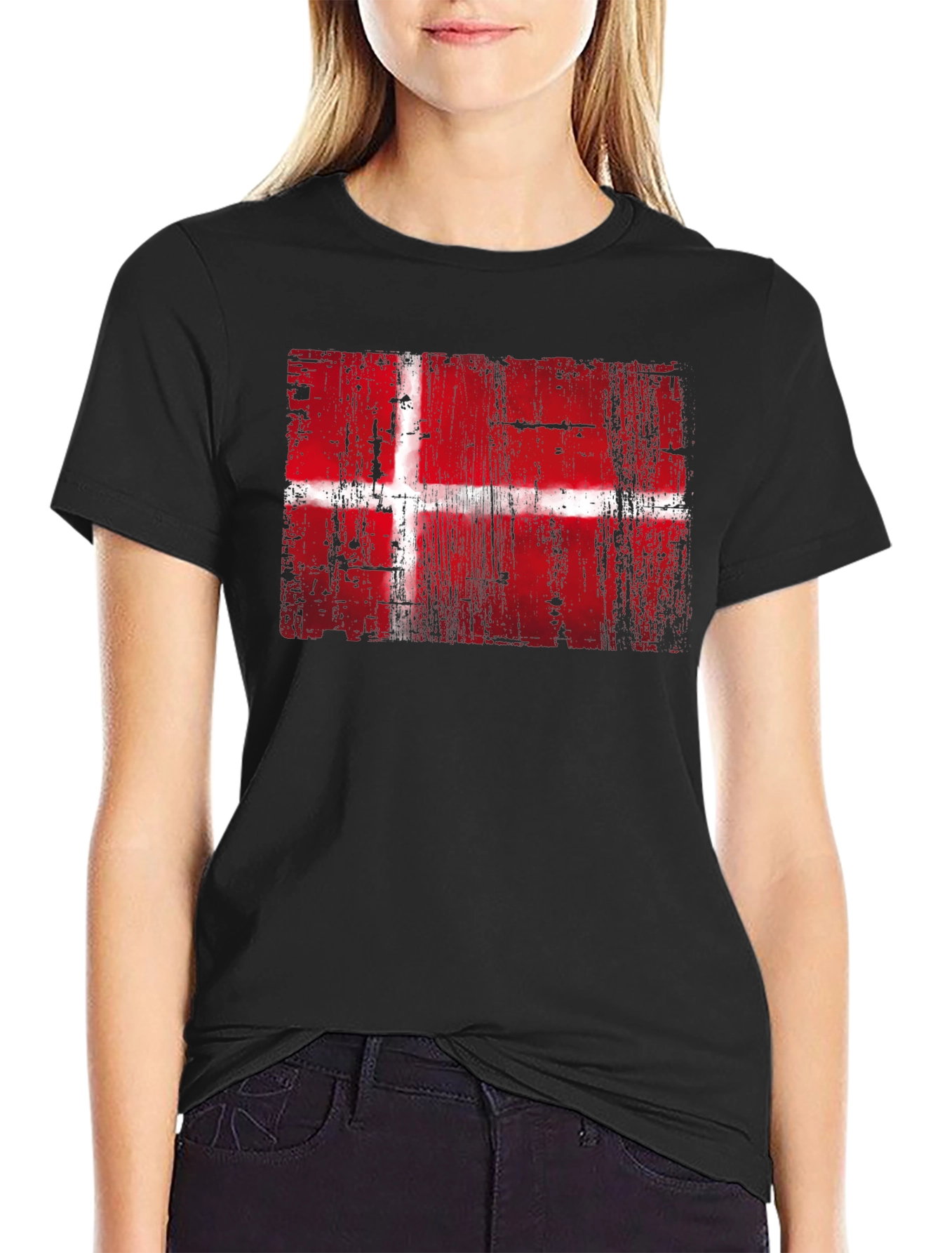 Danish Flag Graphic Print Black T-Shirt
