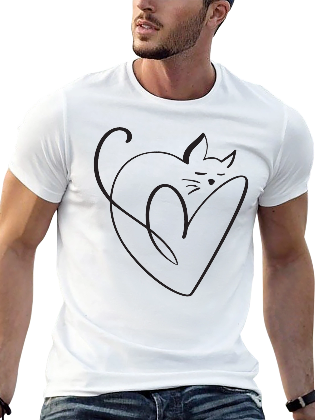 Minimalist Cat Heart Outline Black T-Shirt