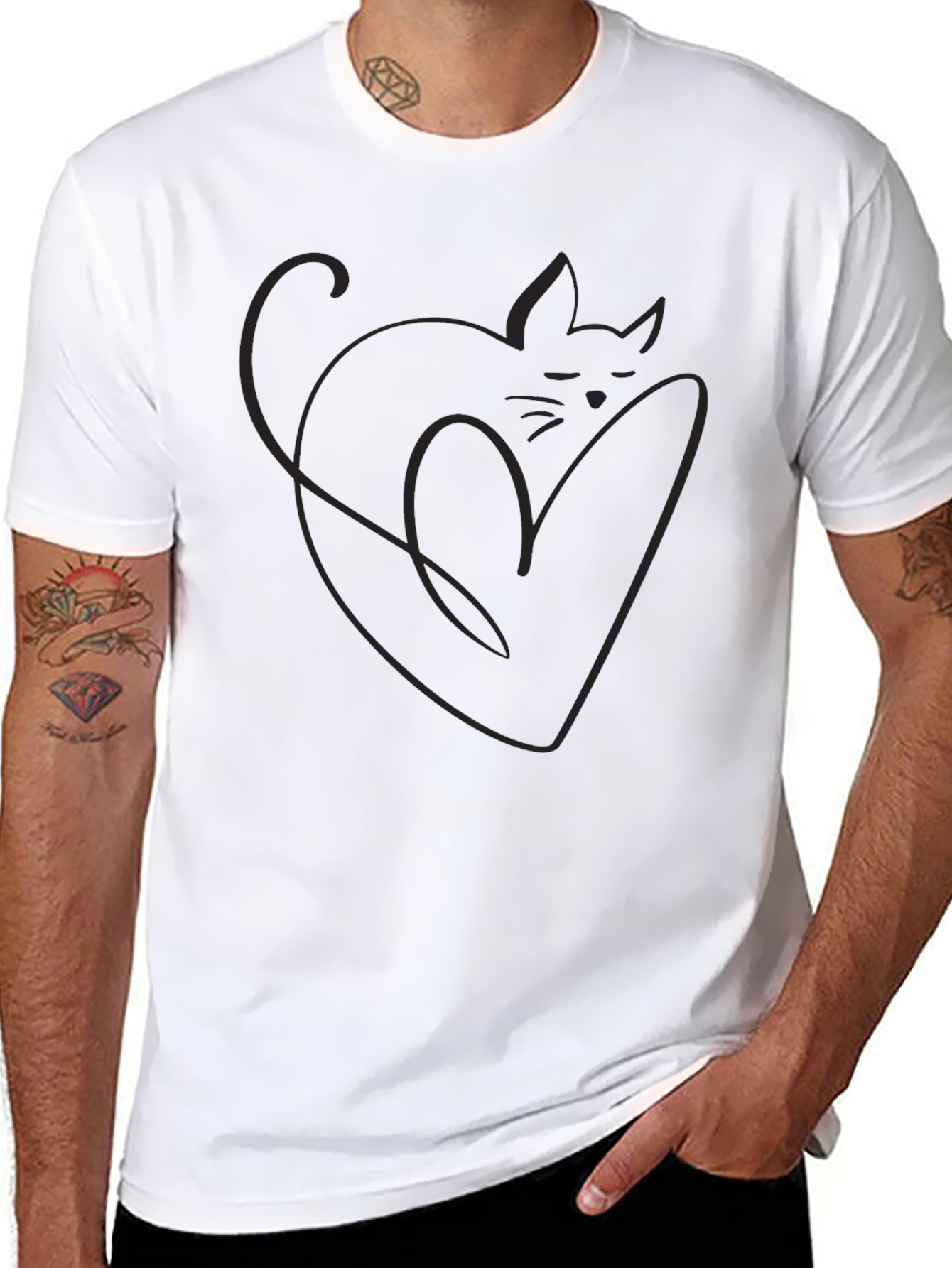 Minimalist Cat Heart Outline Black T-Shirt