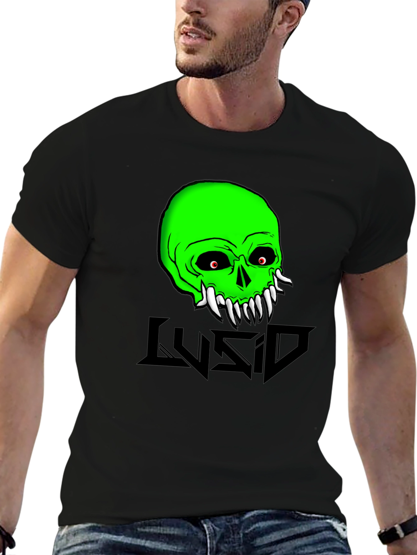 Green Skull Graphic Tee - Mens Black Cotton T-Shirt