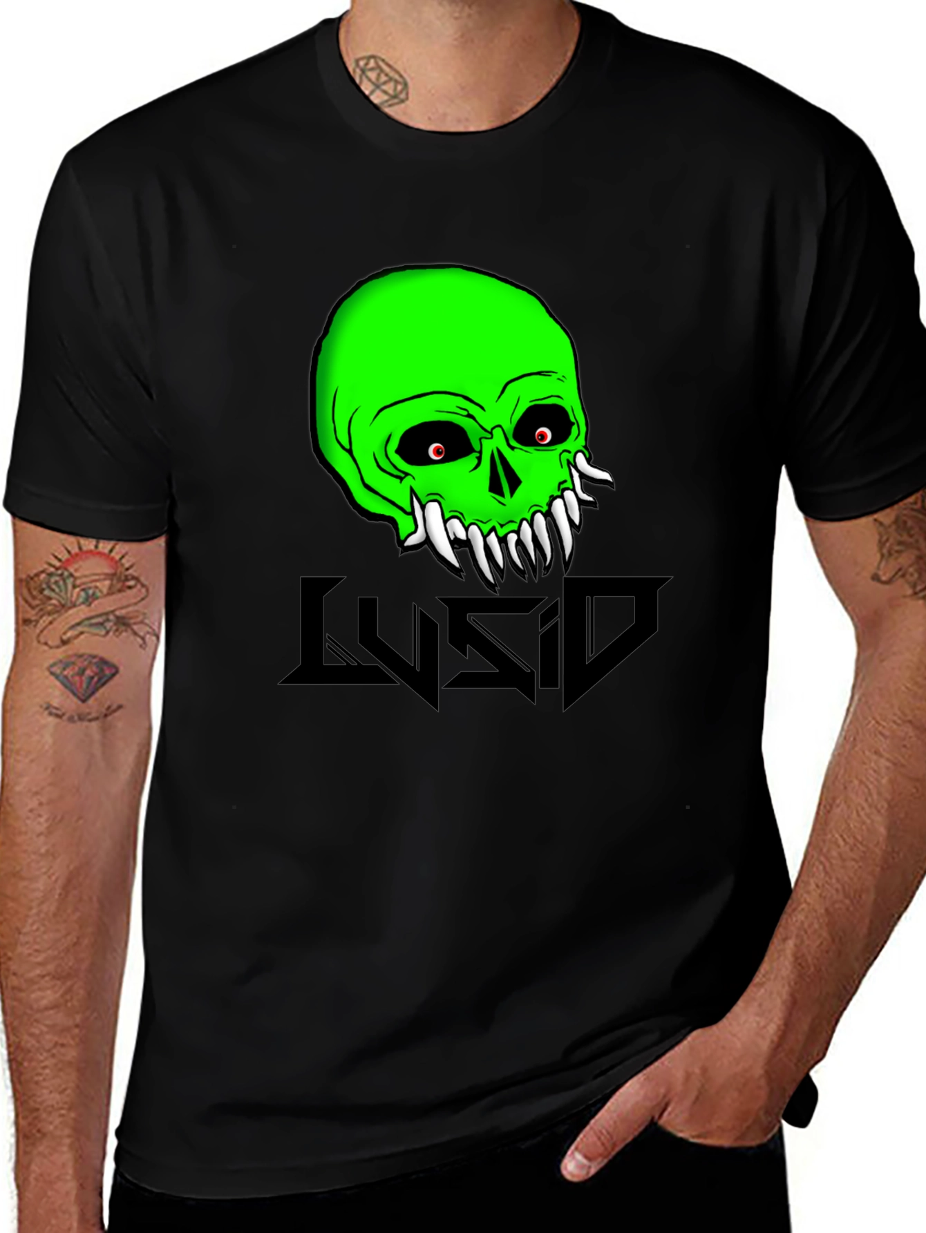 Green Skull Graphic Tee - Mens Black Cotton T-Shirt
