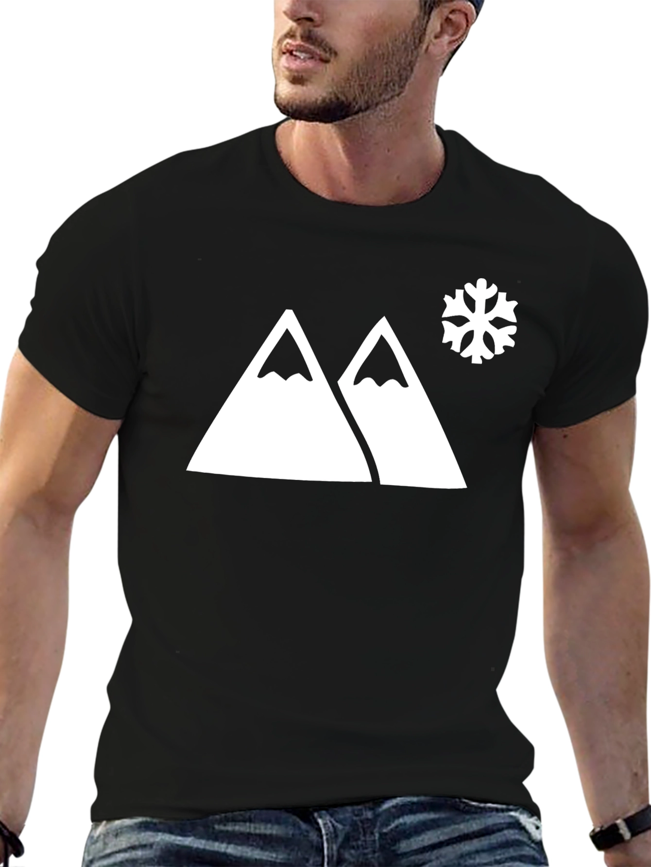Mountain & Snowflake Graphic Tee - Black Cotton Blend