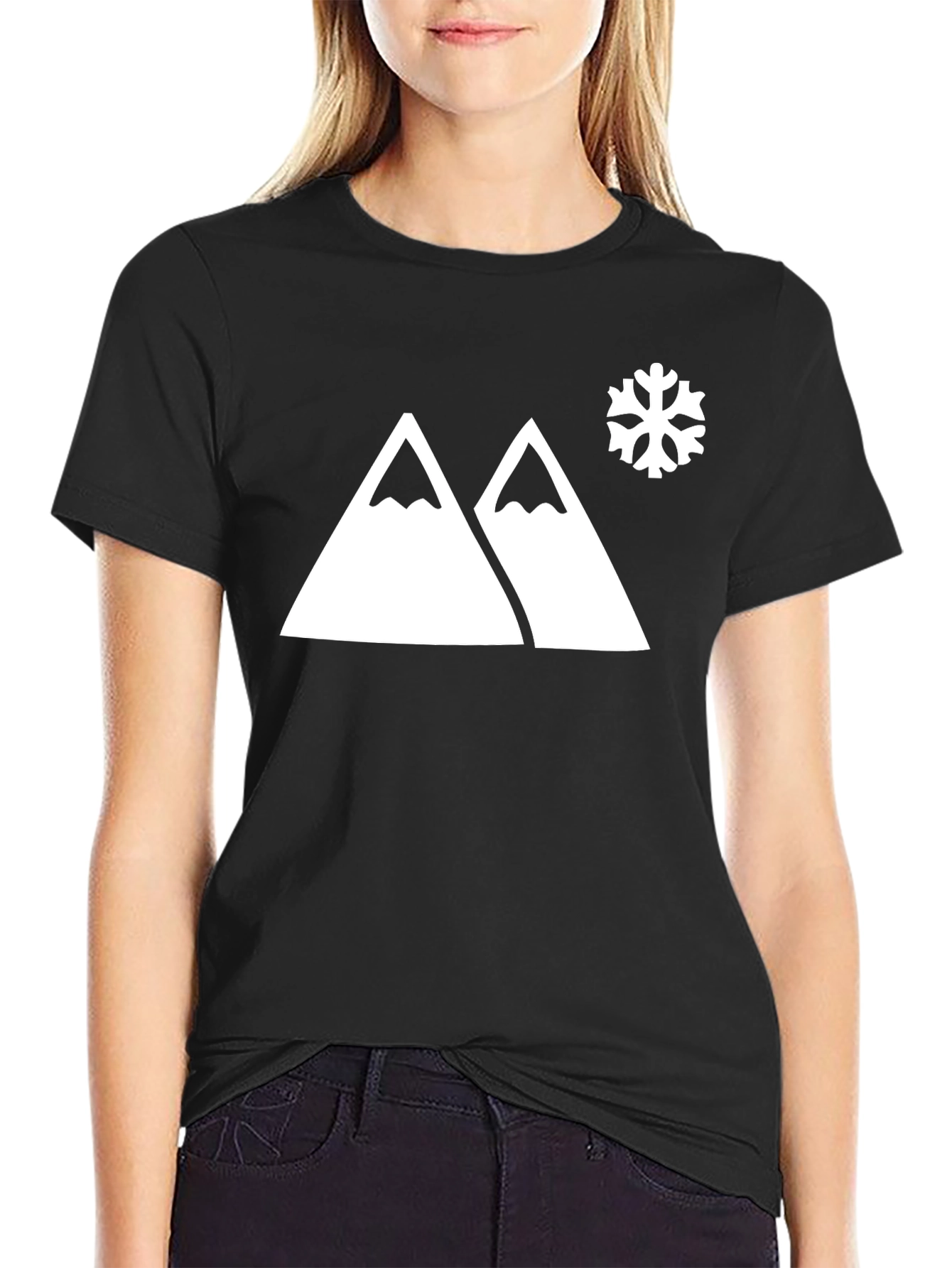 Mountain & Snowflake Graphic Tee - Black Cotton Blend