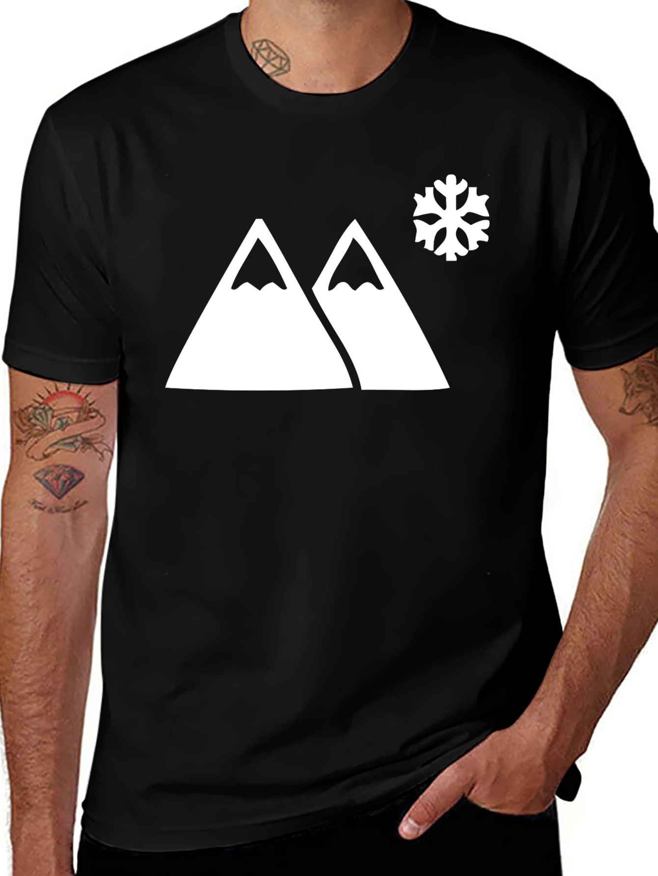 Mountain & Snowflake Graphic Tee - Black Cotton Blend