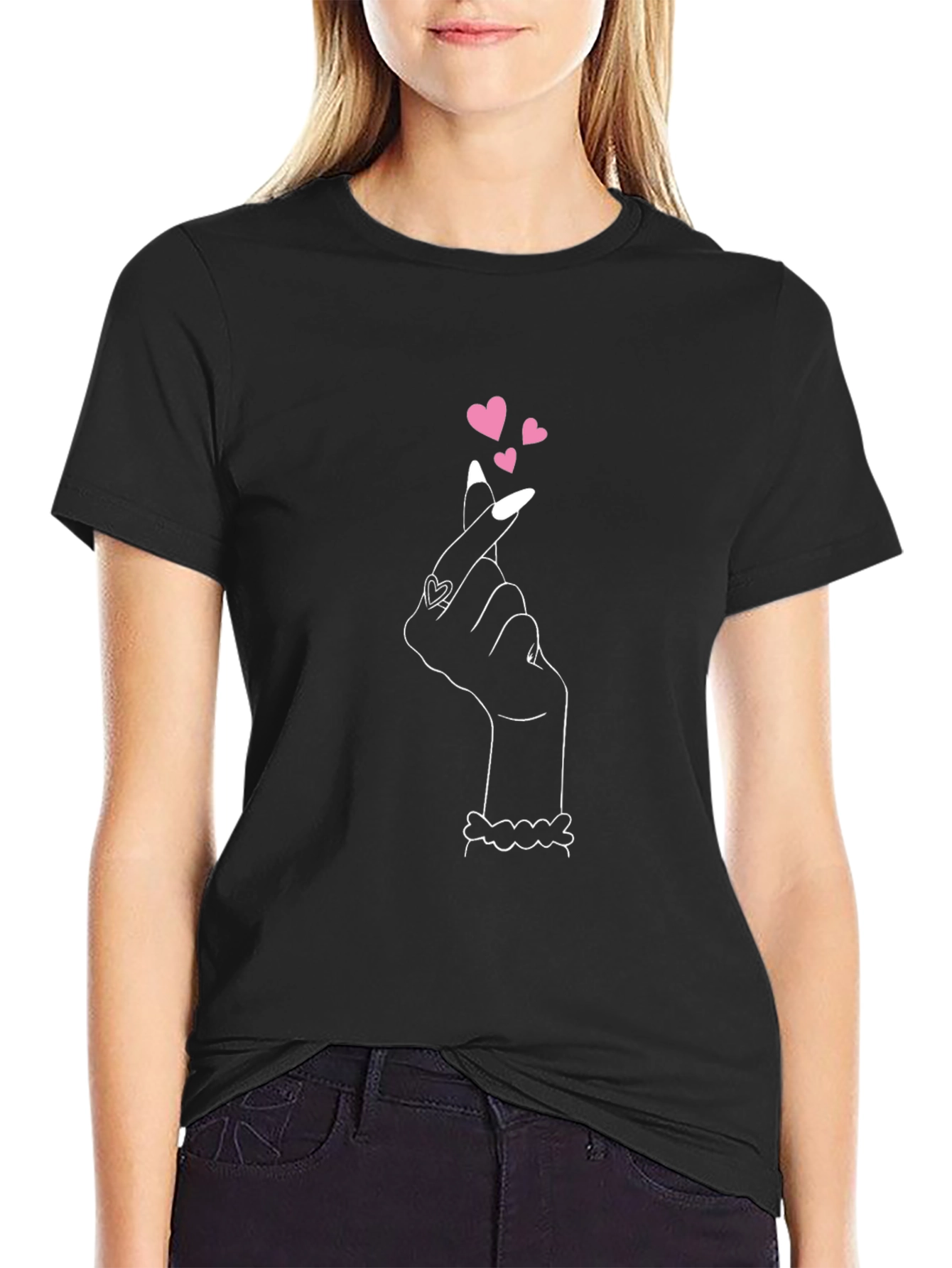 Heart Finger Gesture Graphic Tee - Black