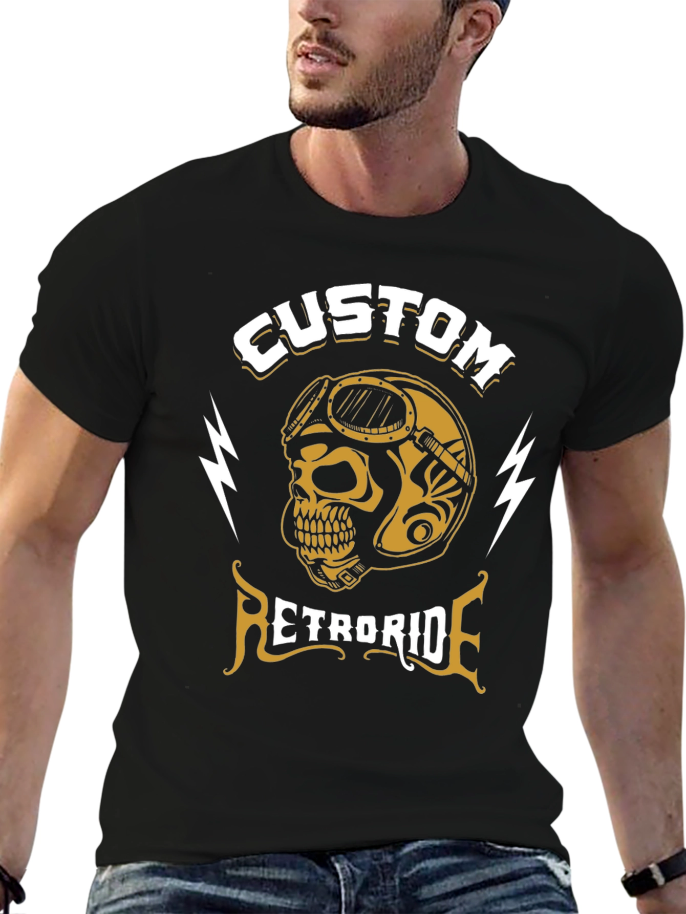 Custom Retroride Skull Helmet Black T-Shirt