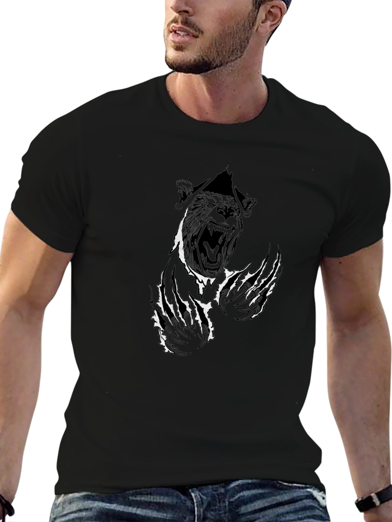 Black Graphic Tee - Ripped Bear Design