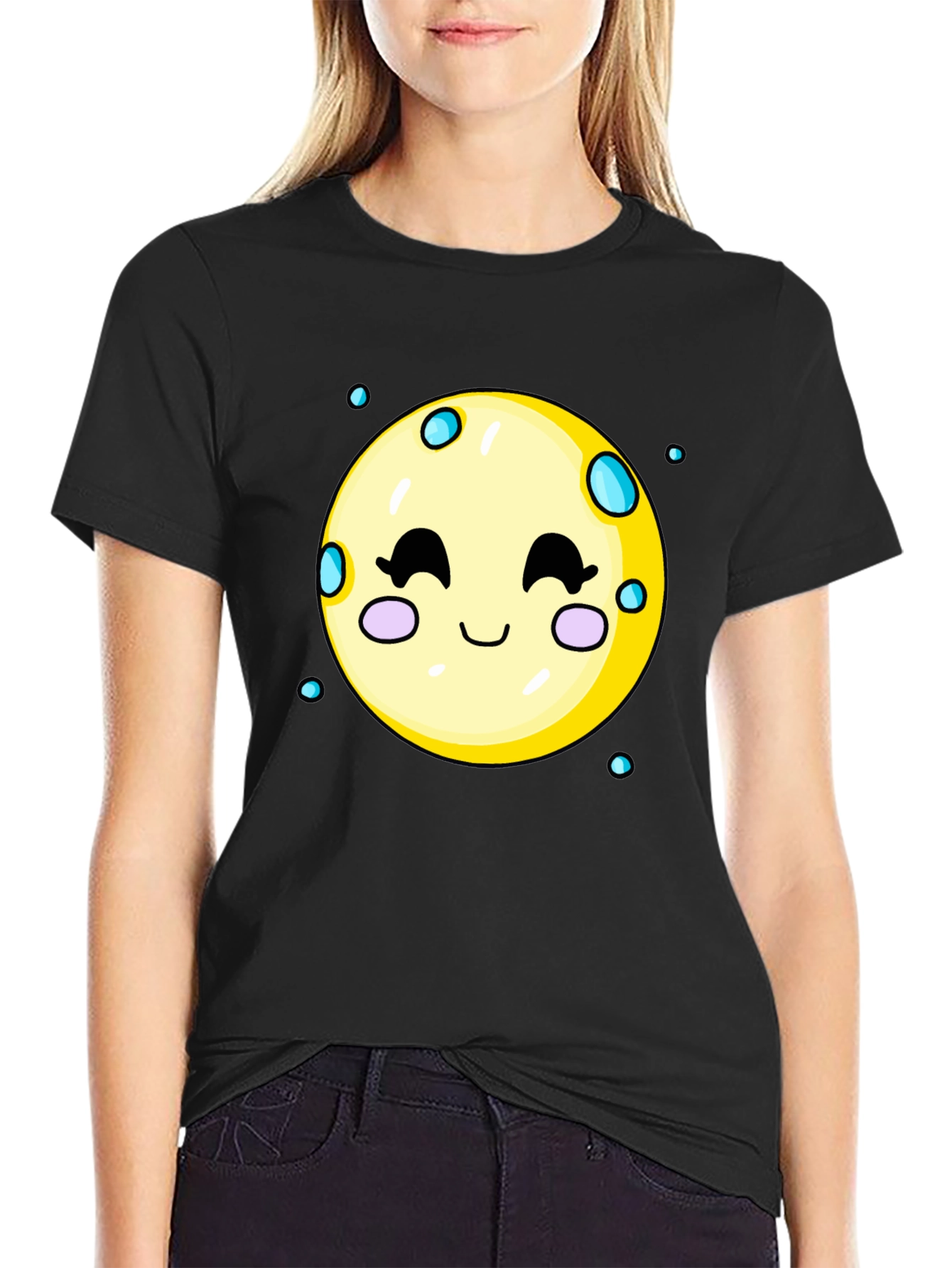 Cute Moon Graphic Tee - Black Cotton T-Shirt