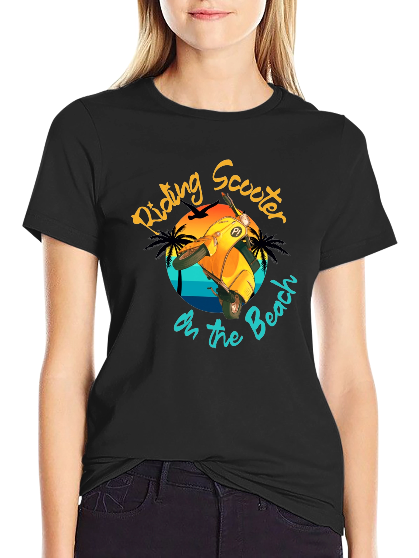 Riding Scooter on the Beach T-Shirt