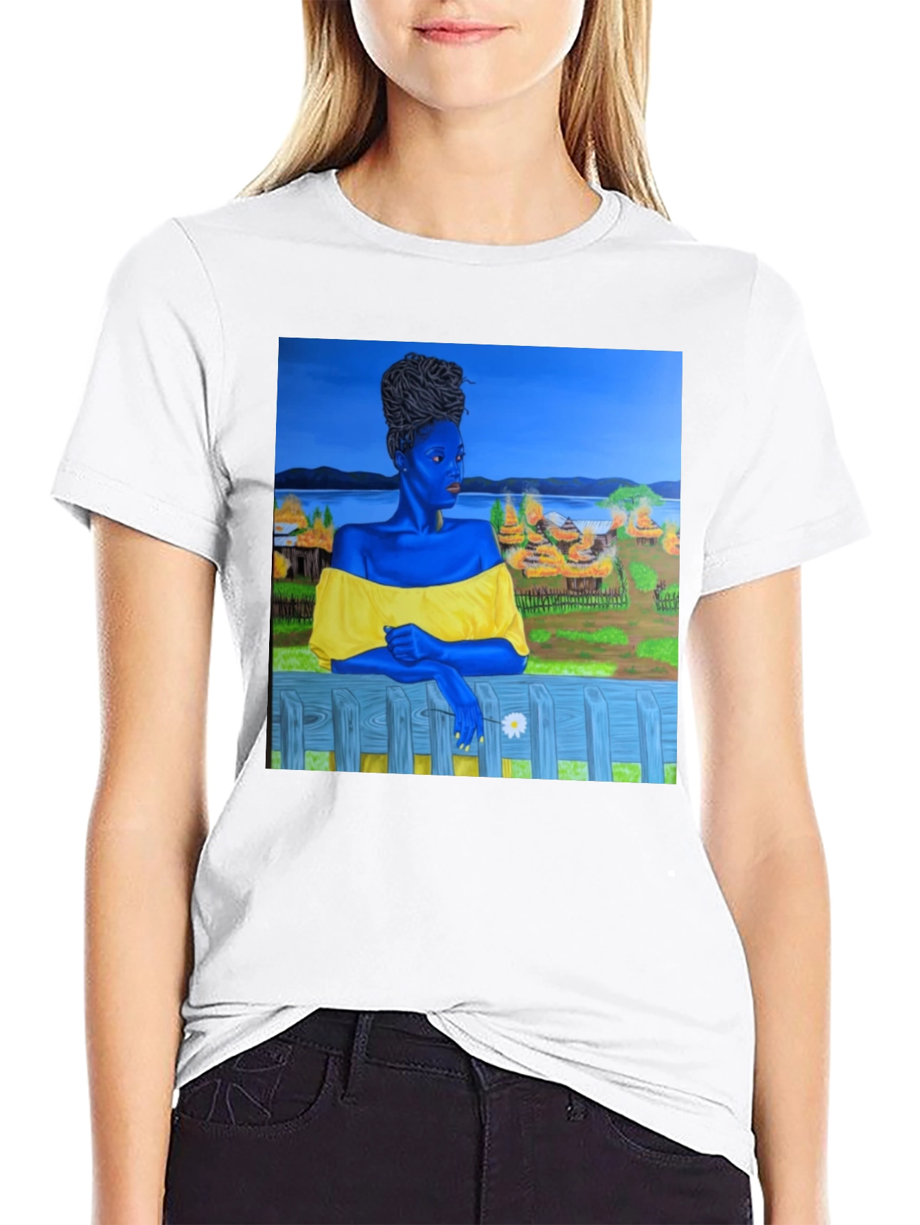 Black T-Shirt with Artistic Portrait Print