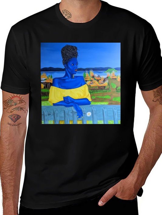 Black T-Shirt with Artistic Portrait Print