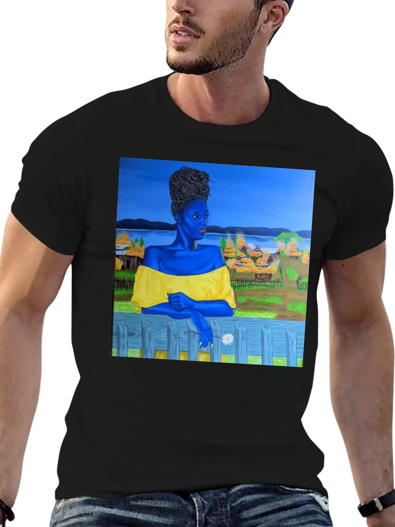 Black T-Shirt with Artistic Portrait Print