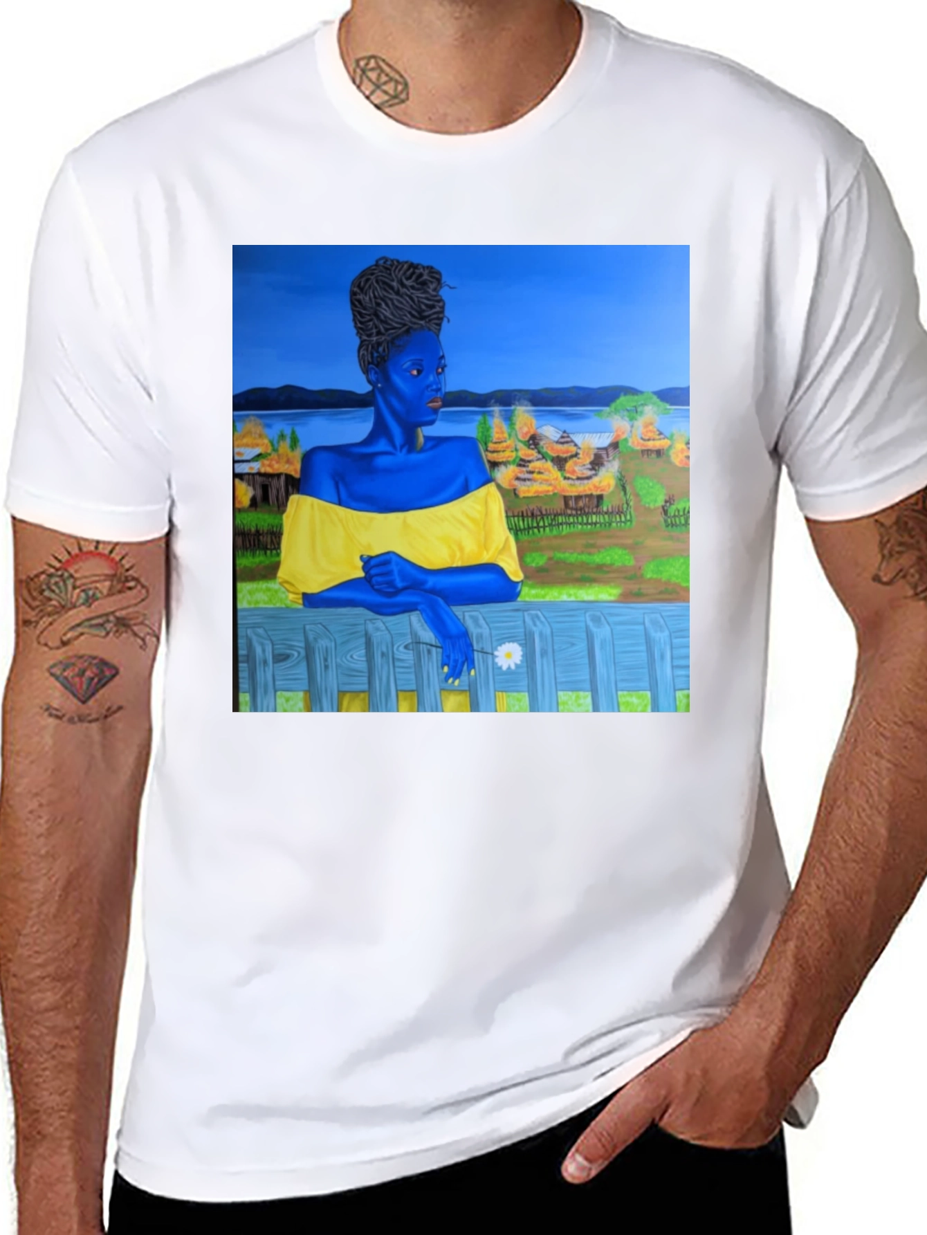 Black T-Shirt with Artistic Portrait Print