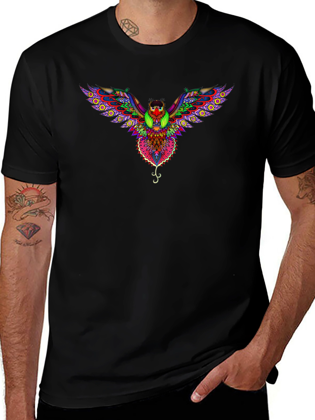 Psychedelic Owl Graphic Tee - Black Cotton T-Shirt