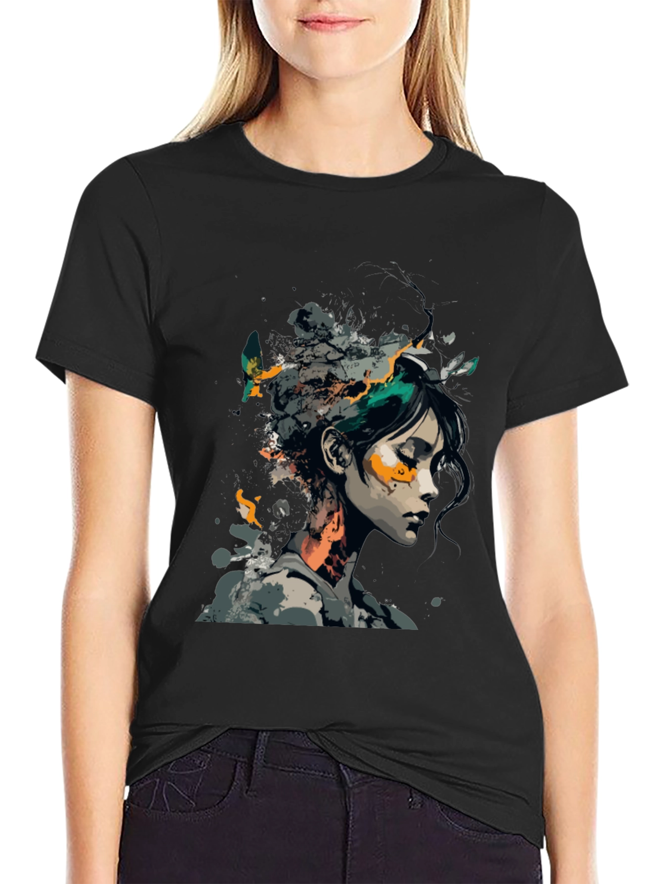 Artistic Woman Graphic Black T-Shirt