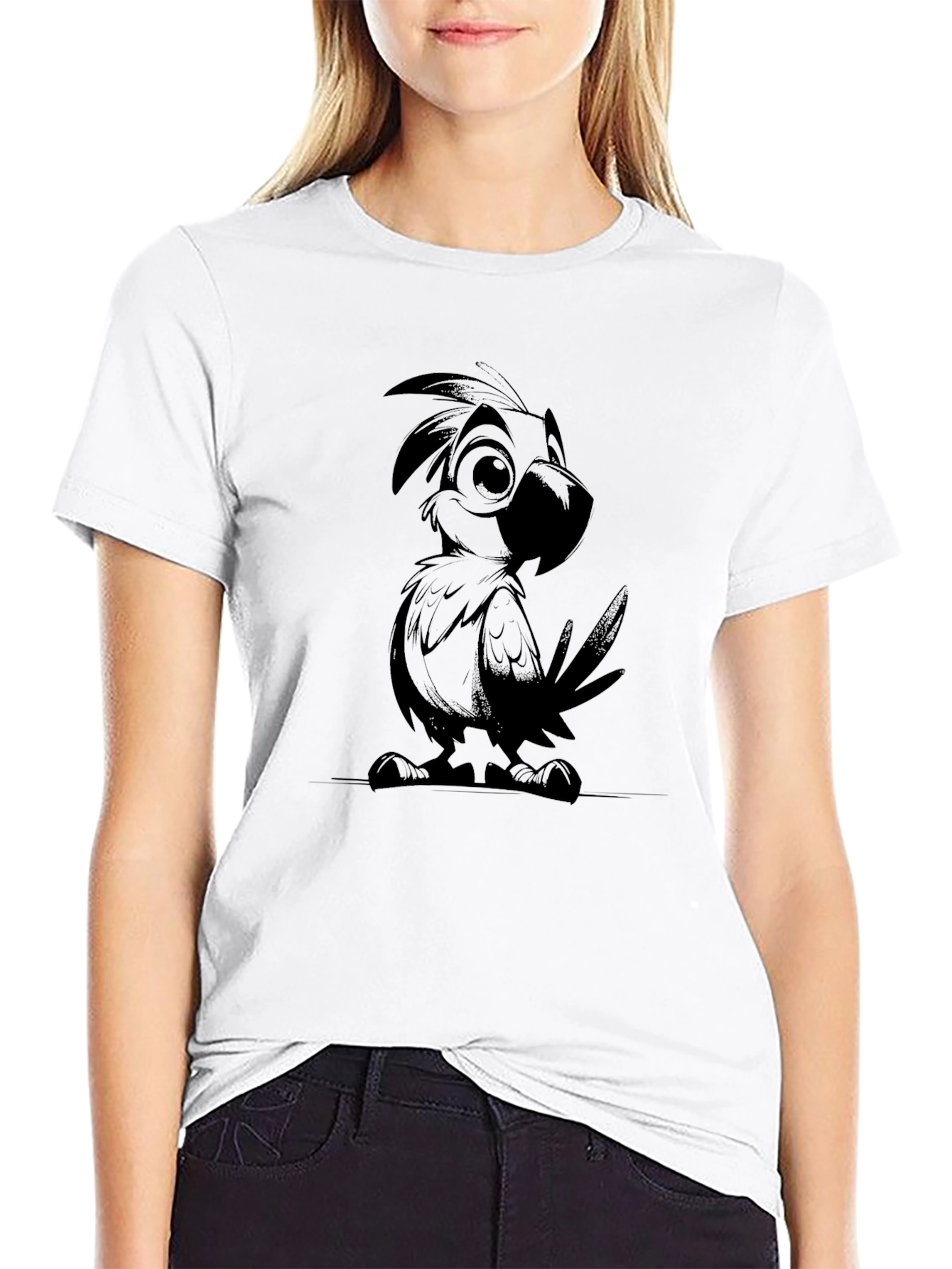 Cartoon Parrot Graphic Black T-Shirt