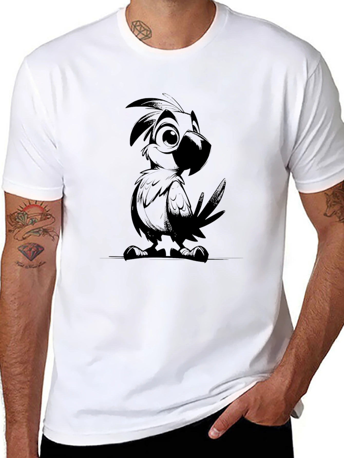 Cartoon Parrot Graphic Black T-Shirt