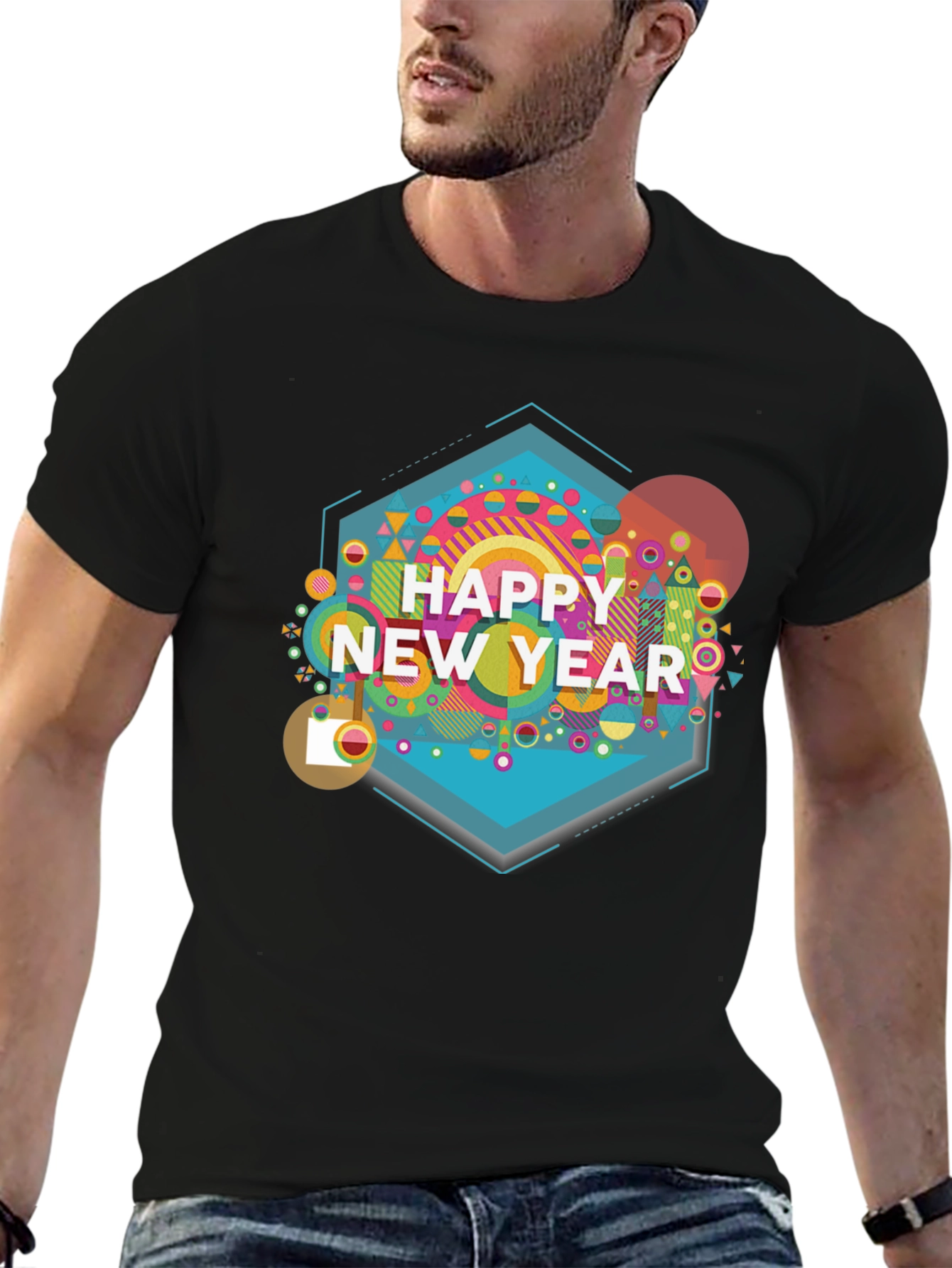 Happy New Year Graphic Print Black T-Shirt