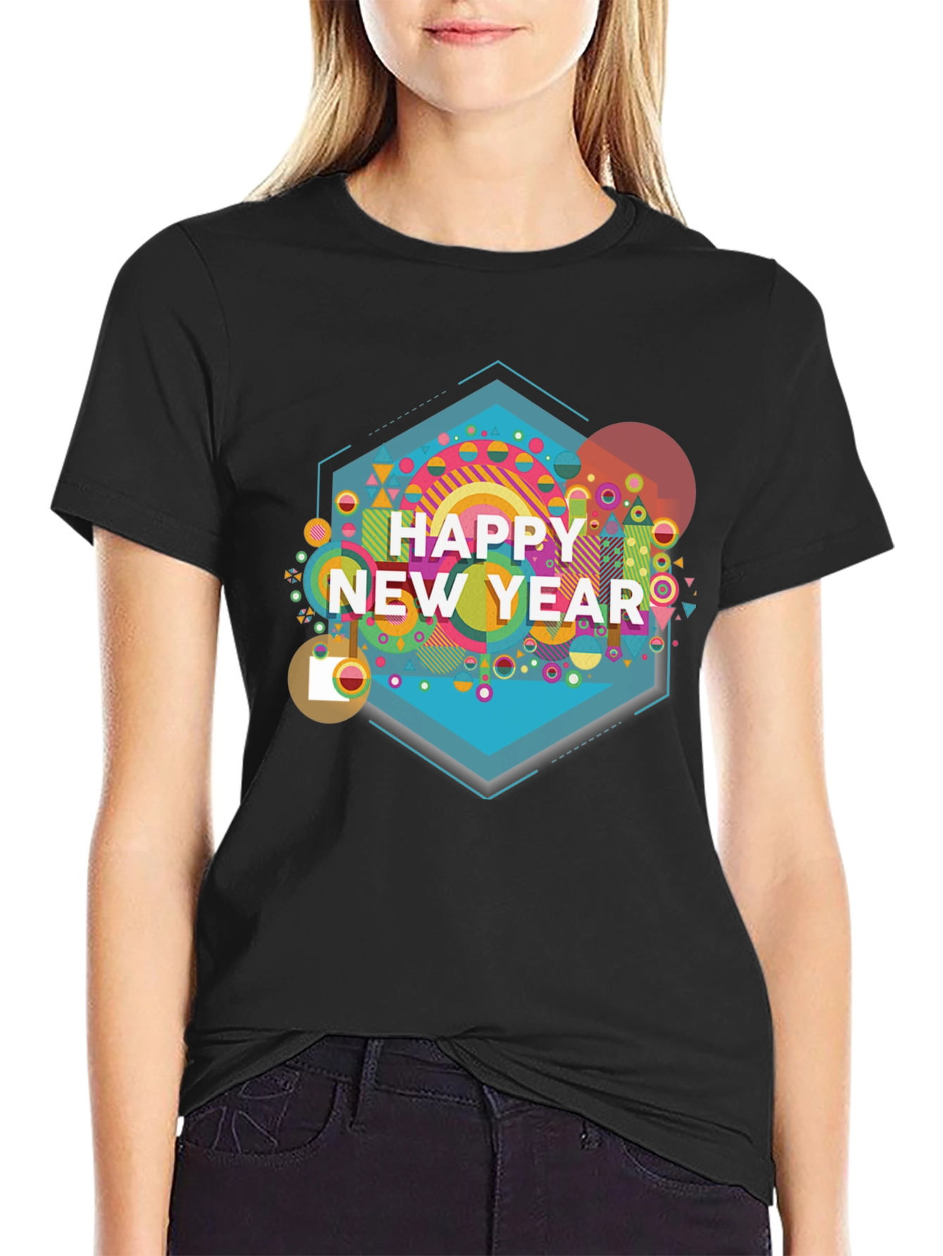 Happy New Year Graphic Print Black T-Shirt