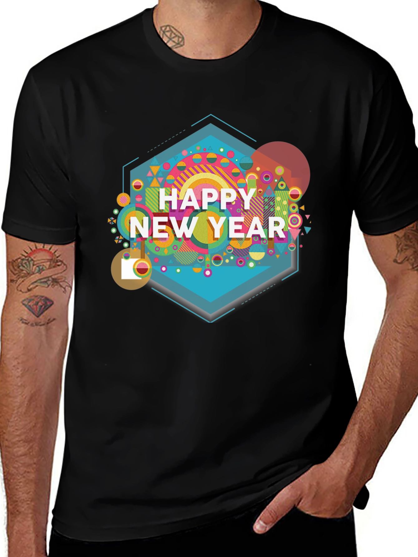 Happy New Year Graphic Print Black T-Shirt
