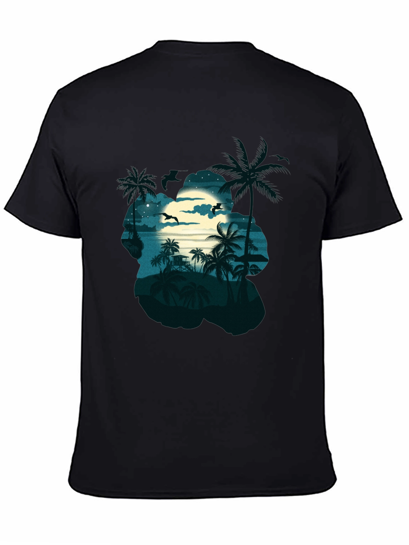 Tropical Beach Moonlit Night Black T-Shirt