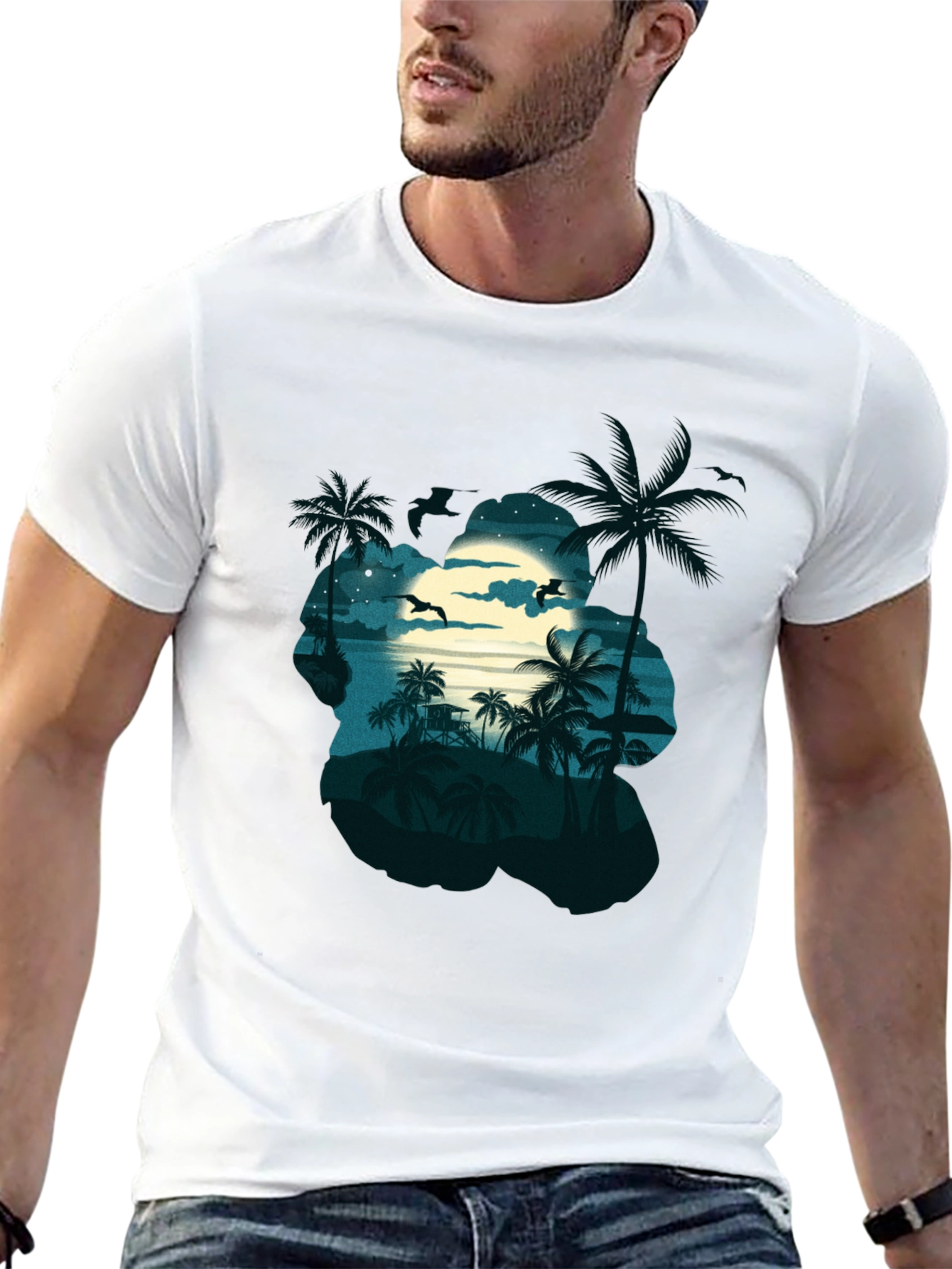 Tropical Beach Moonlit Night Black T-Shirt