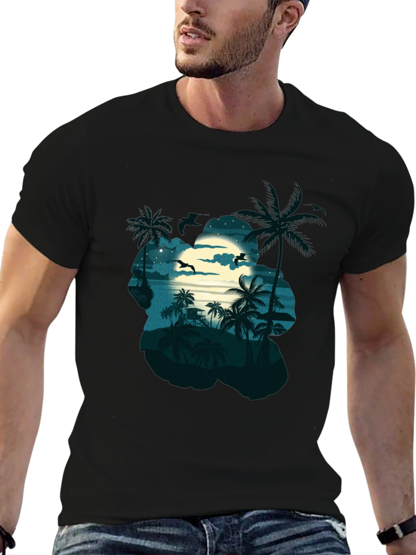 Tropical Beach Moonlit Night Black T-Shirt