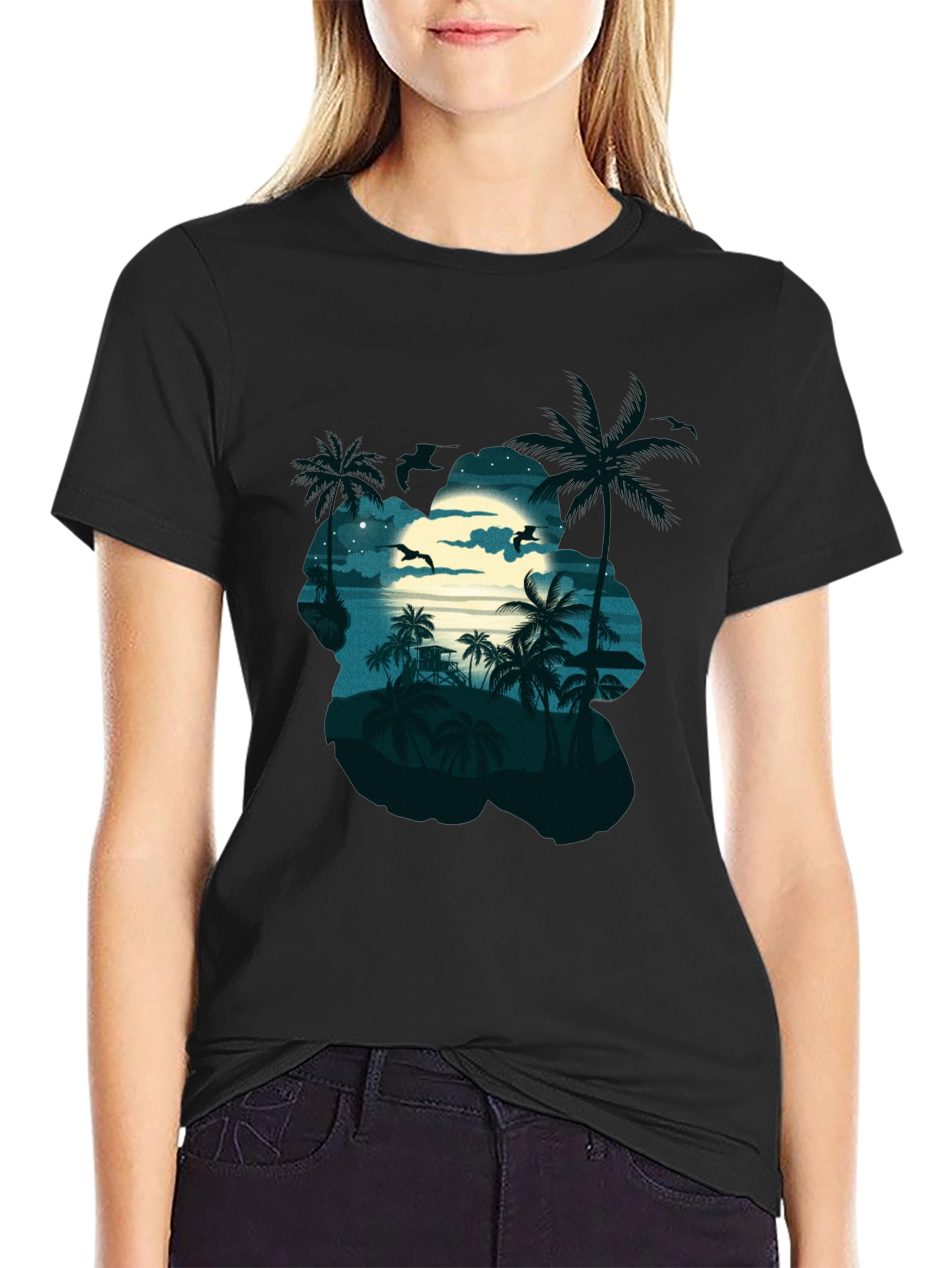 Tropical Beach Moonlit Night Black T-Shirt