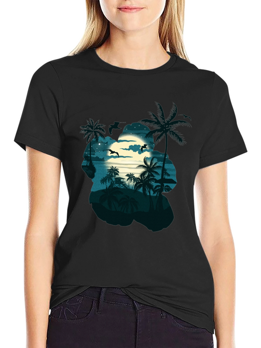Tropical Beach Moonlit Night Black T-Shirt