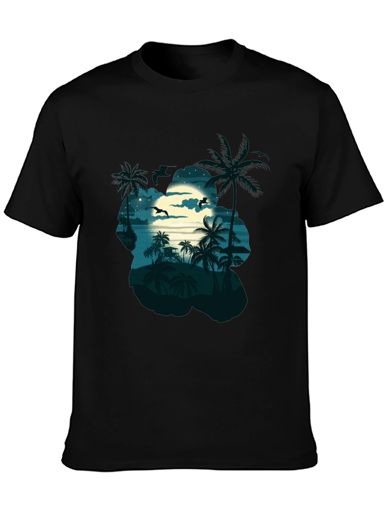 Tropical Beach Moonlit Night Black T-Shirt