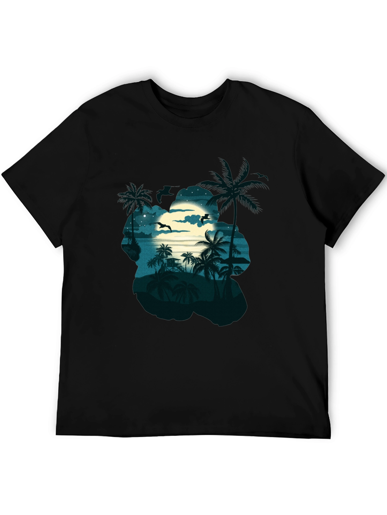 Tropical Beach Moonlit Night Black T-Shirt