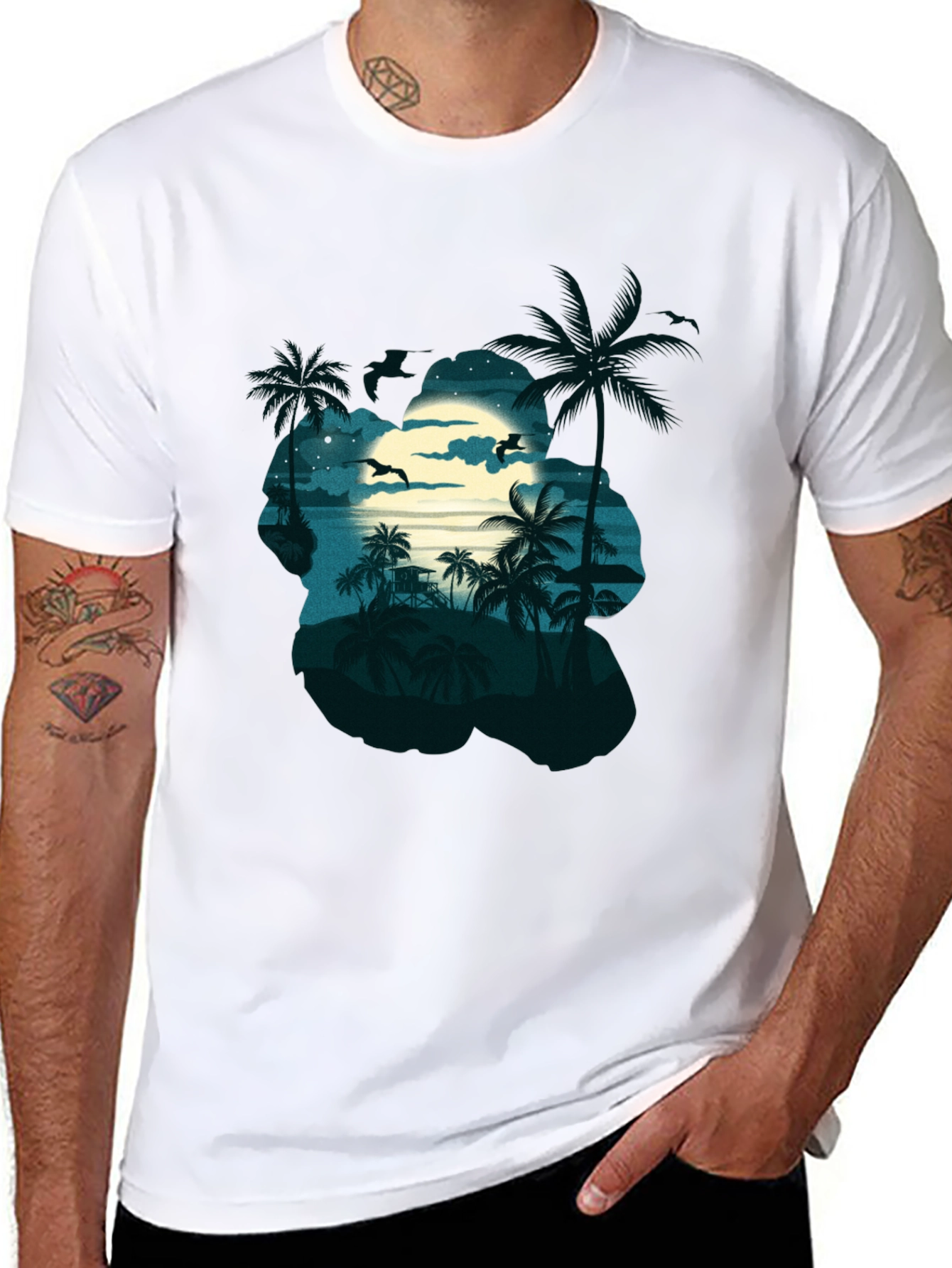 Tropical Beach Moonlit Night Black T-Shirt
