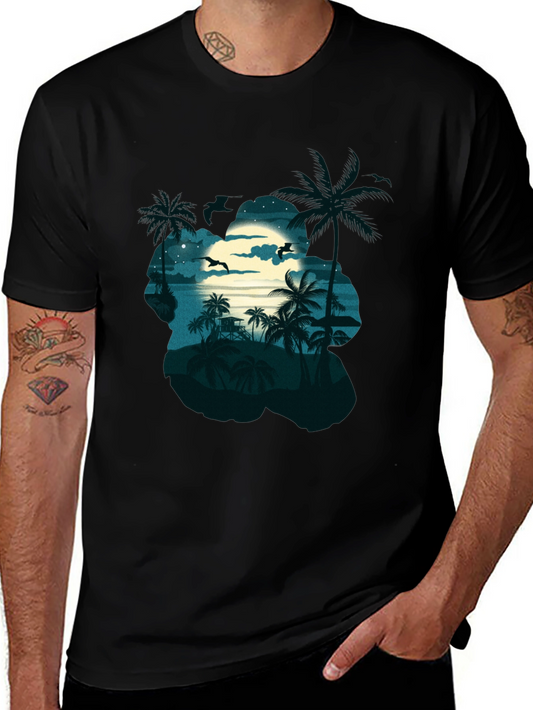 Tropical Beach Moonlit Night Black T-Shirt