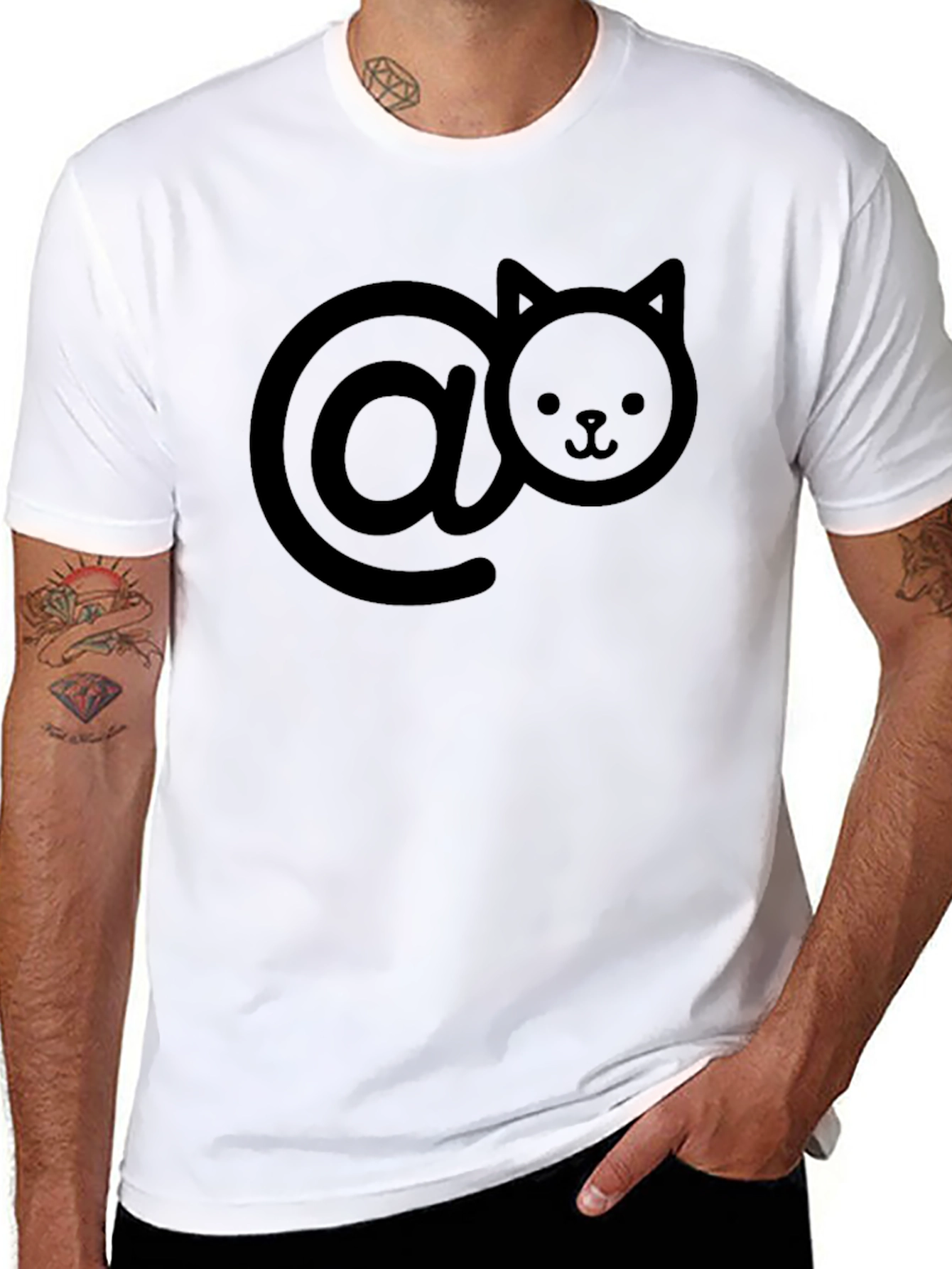 Cute Cat At Symbol T-Shirt - Black Casual Style