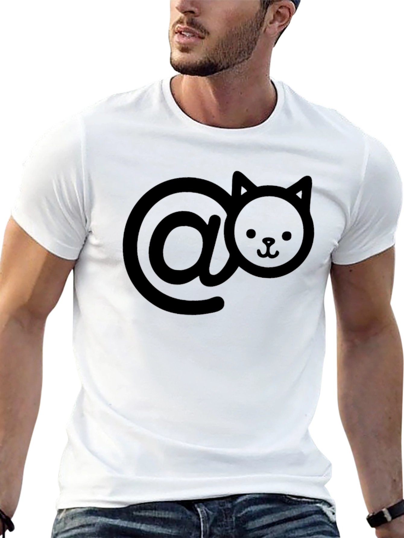 Cute Cat At Symbol T-Shirt - Black Casual Style